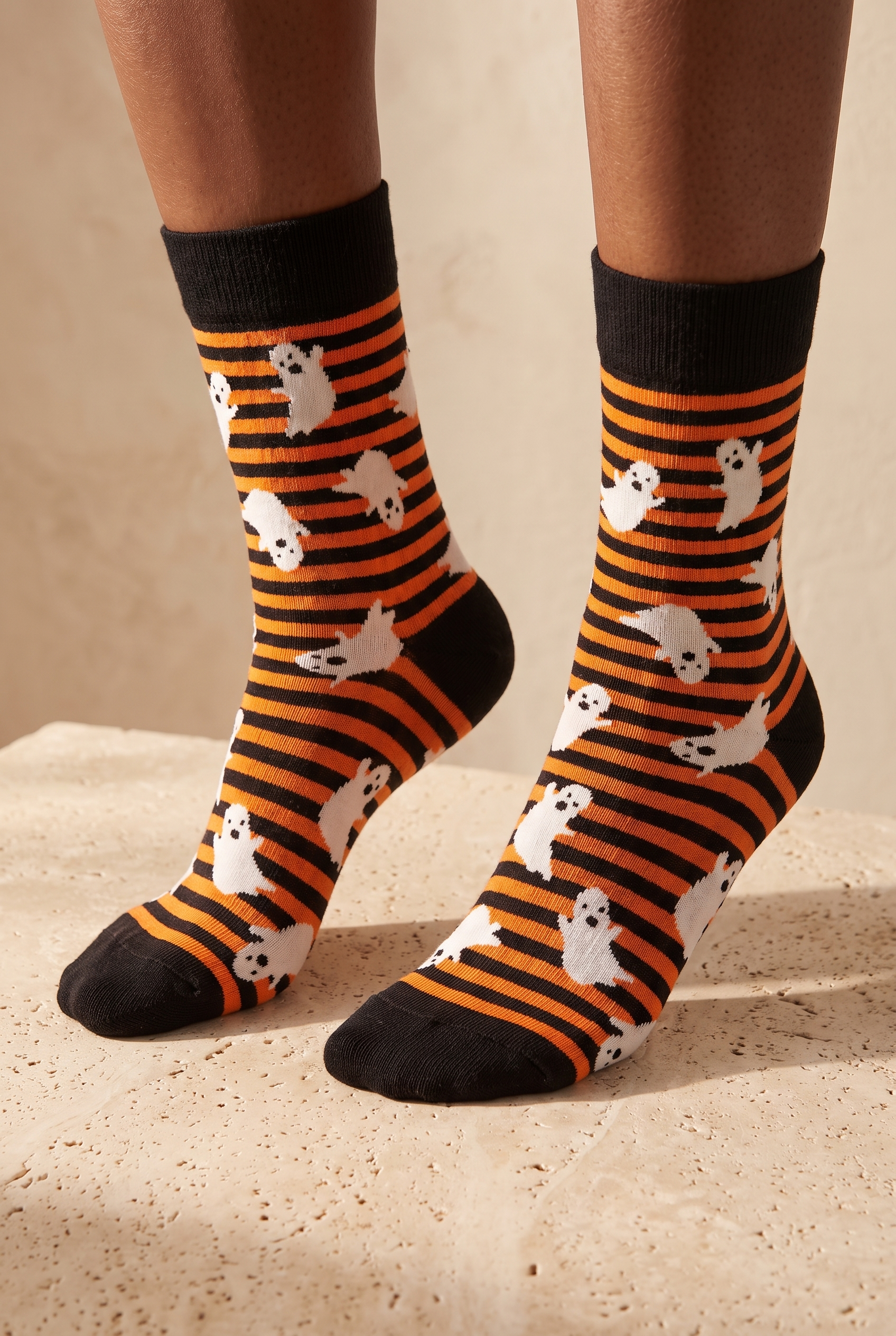 Unisex Halloween Temalı Hayalet Desenli Soket Çorap Turuncu