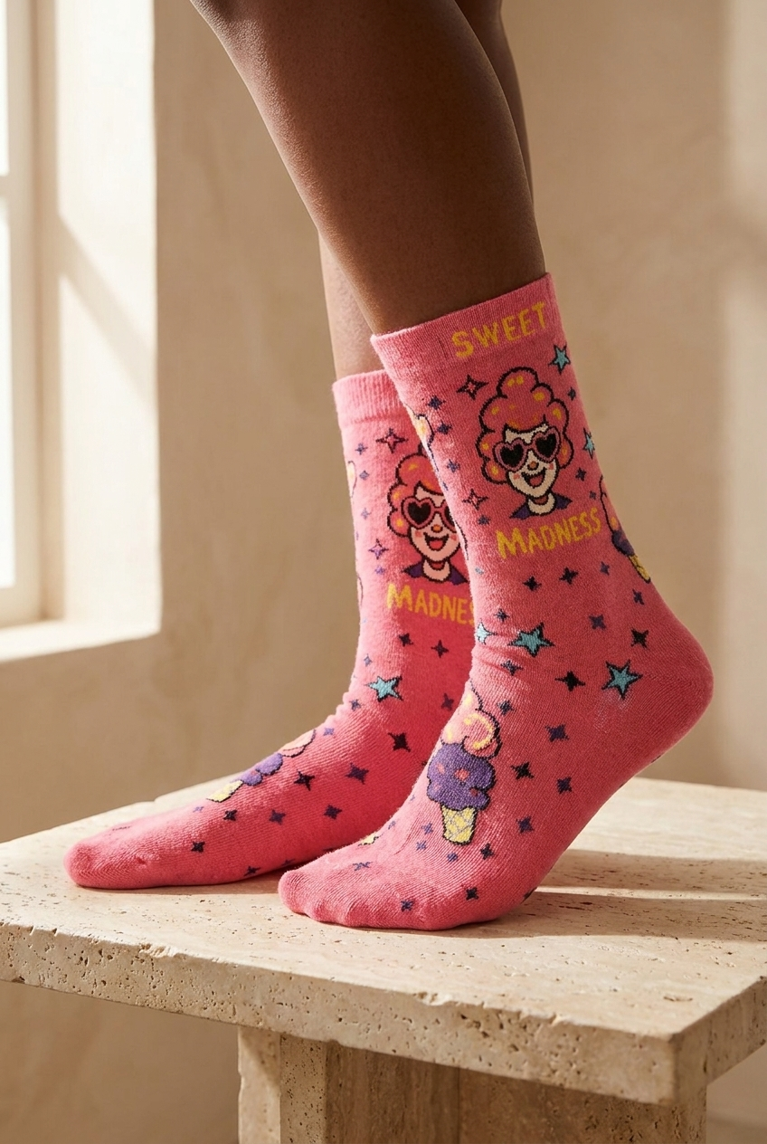 Unisex Popart Patterned Socks Dark Pink
