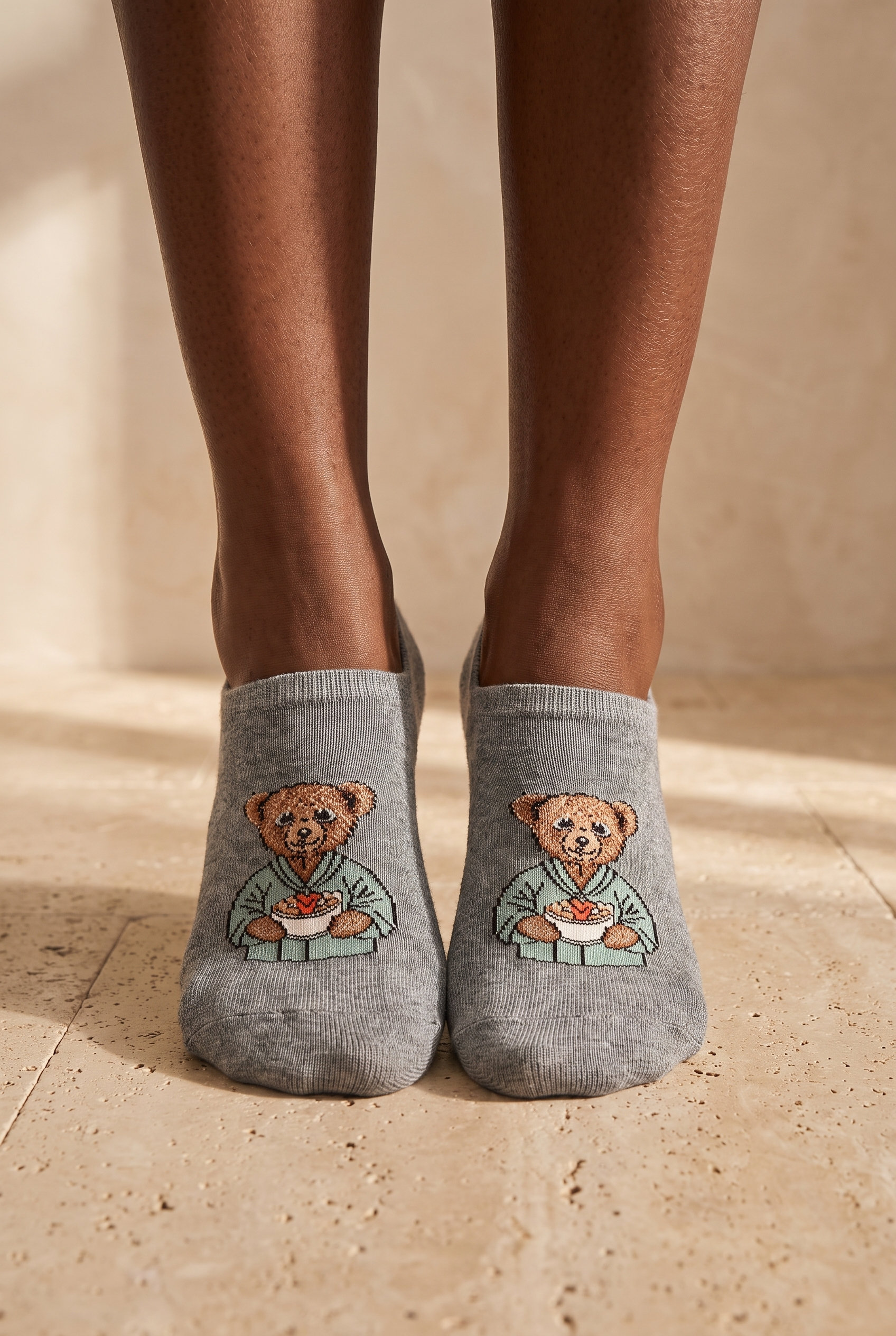 Unisex Teddy Desenli Görünmez Çorap Açık Gri