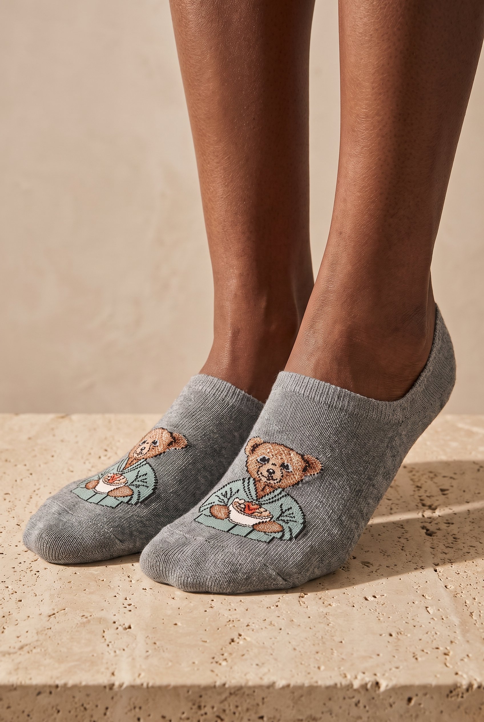 Unisex Teddy Desenli Görünmez Çorap Açık Gri