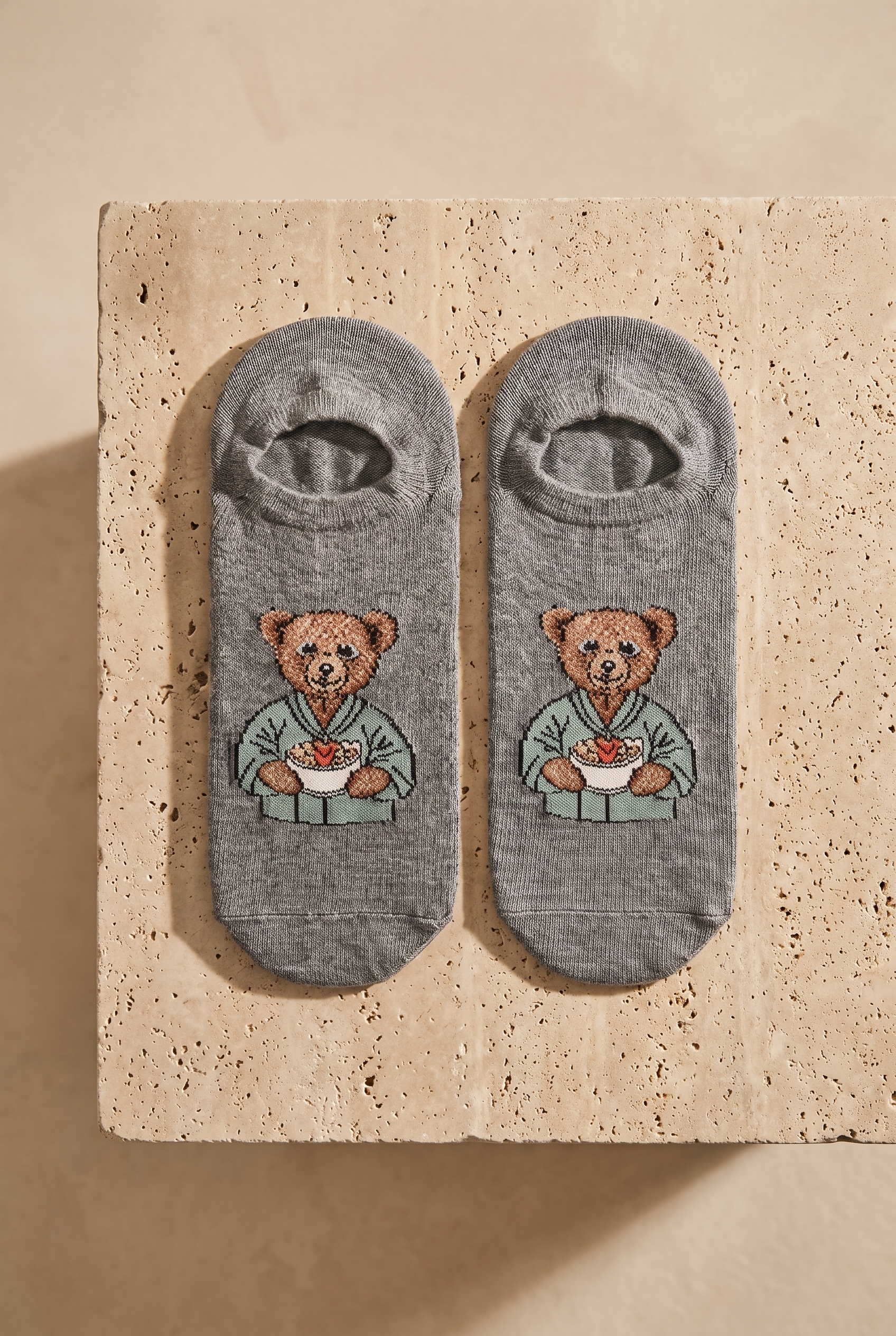 Unisex Teddy Desenli Görünmez Çorap Açık Gri