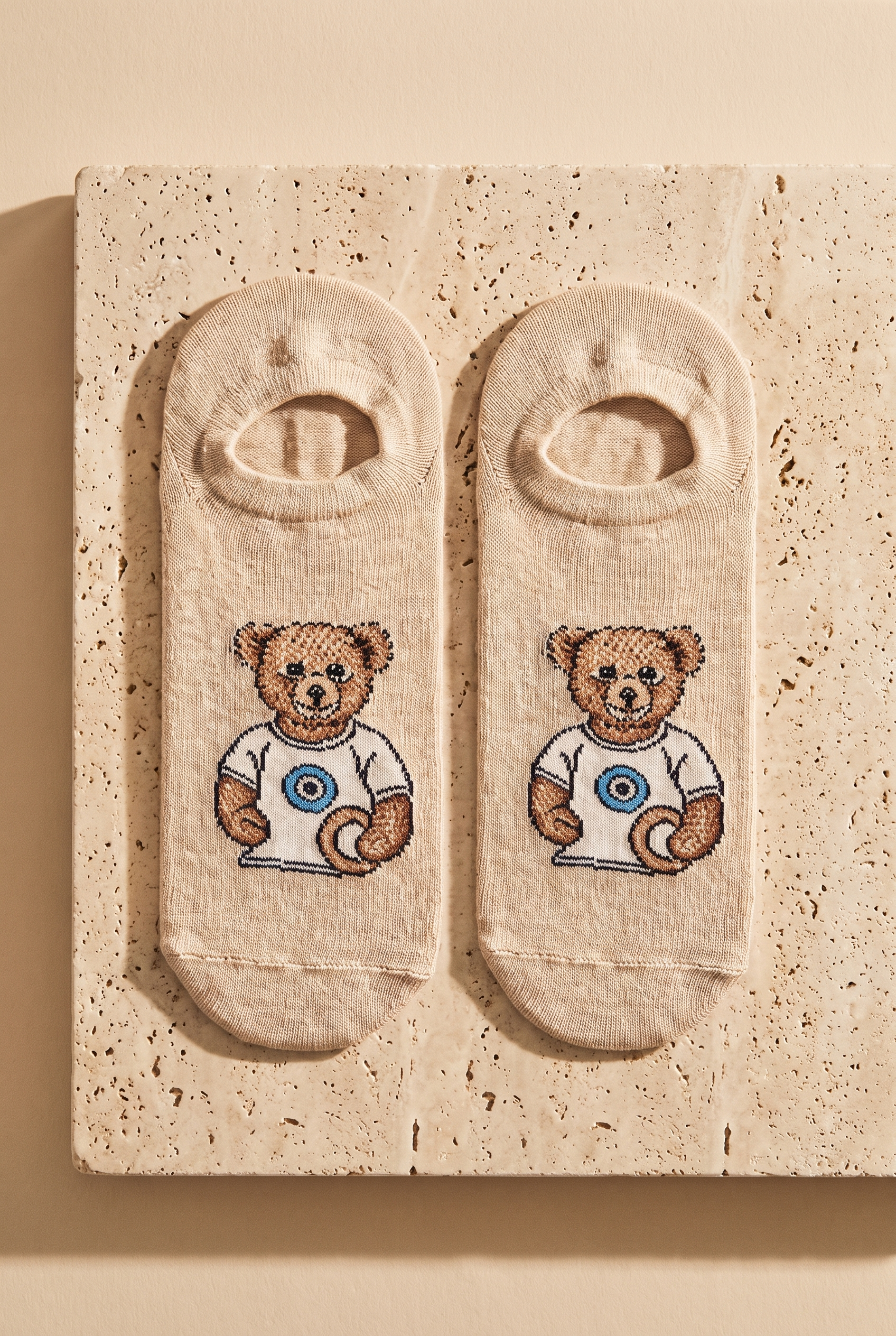 Unisex Teddy Desenli Görünmez Çorap Bej
