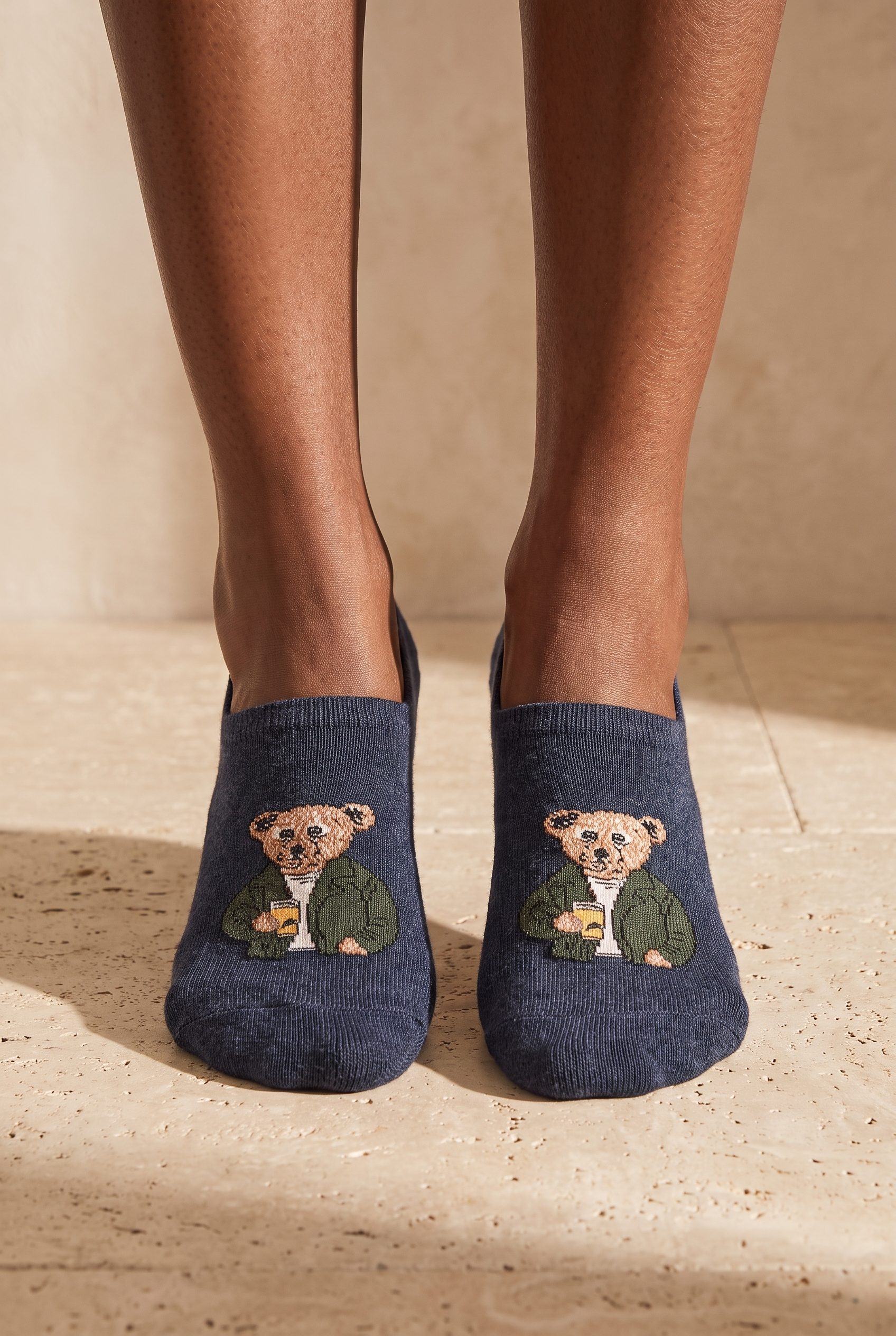 Unisex Teddy Desenli Görünmez Çorap Lacivert