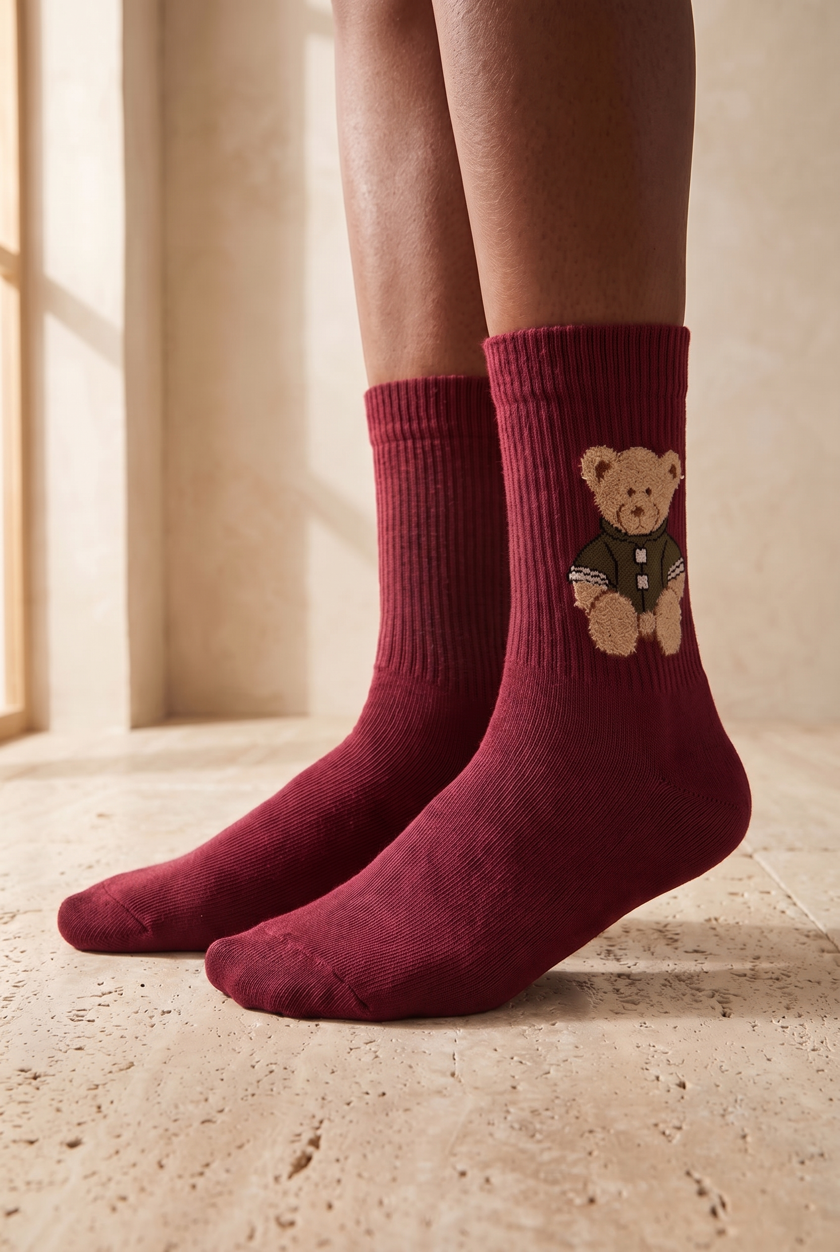 Unisex Teddy Desenli Soket Çorap Bordo