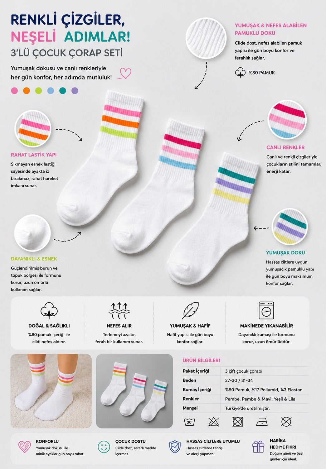 Women's 3-Piece Striped Colorful Sock Socks