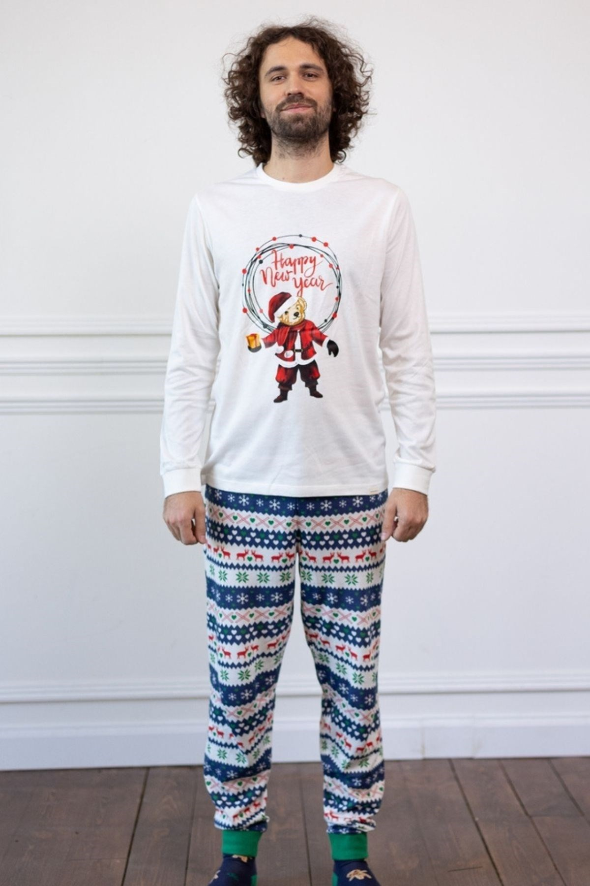 Yeniyıl Erkek Pijama Takımı-Ekru