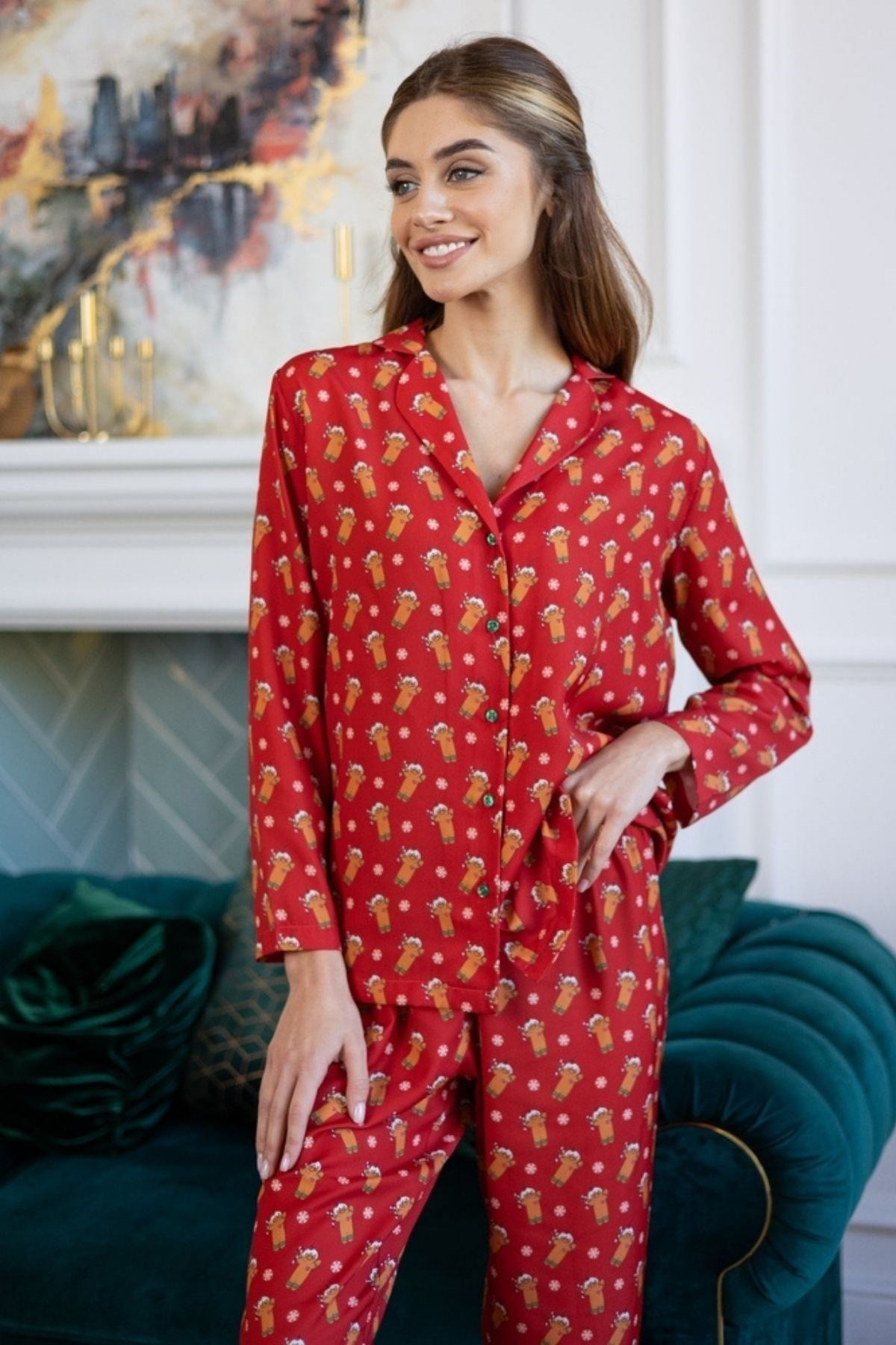 Yeniyıl Ginger İpek Saten Kadın Pijama Takımı-Kırmızı