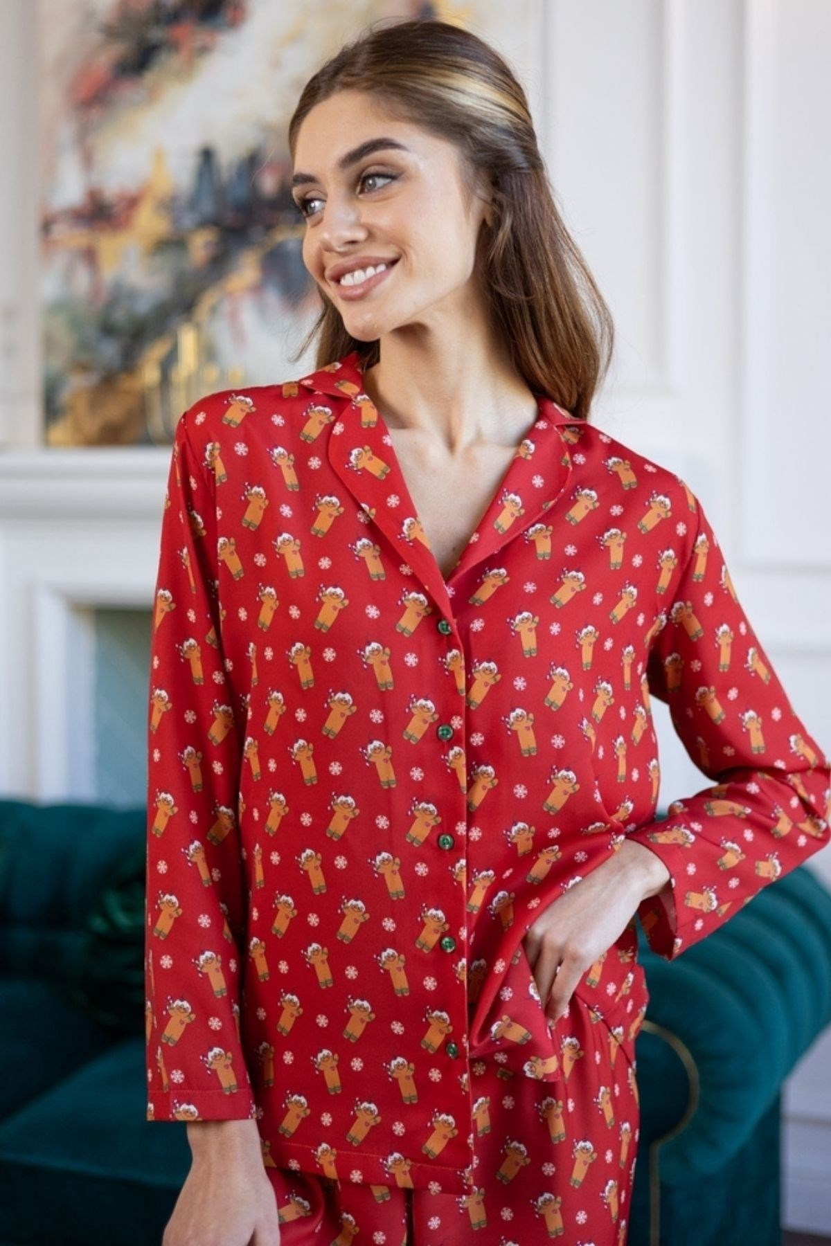 Yeniyıl Ginger İpek Saten Kadın Pijama Takımı-Kırmızı