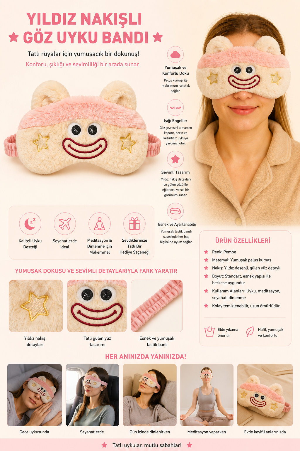 Star Embroidered Eye Sleep Headband Pink