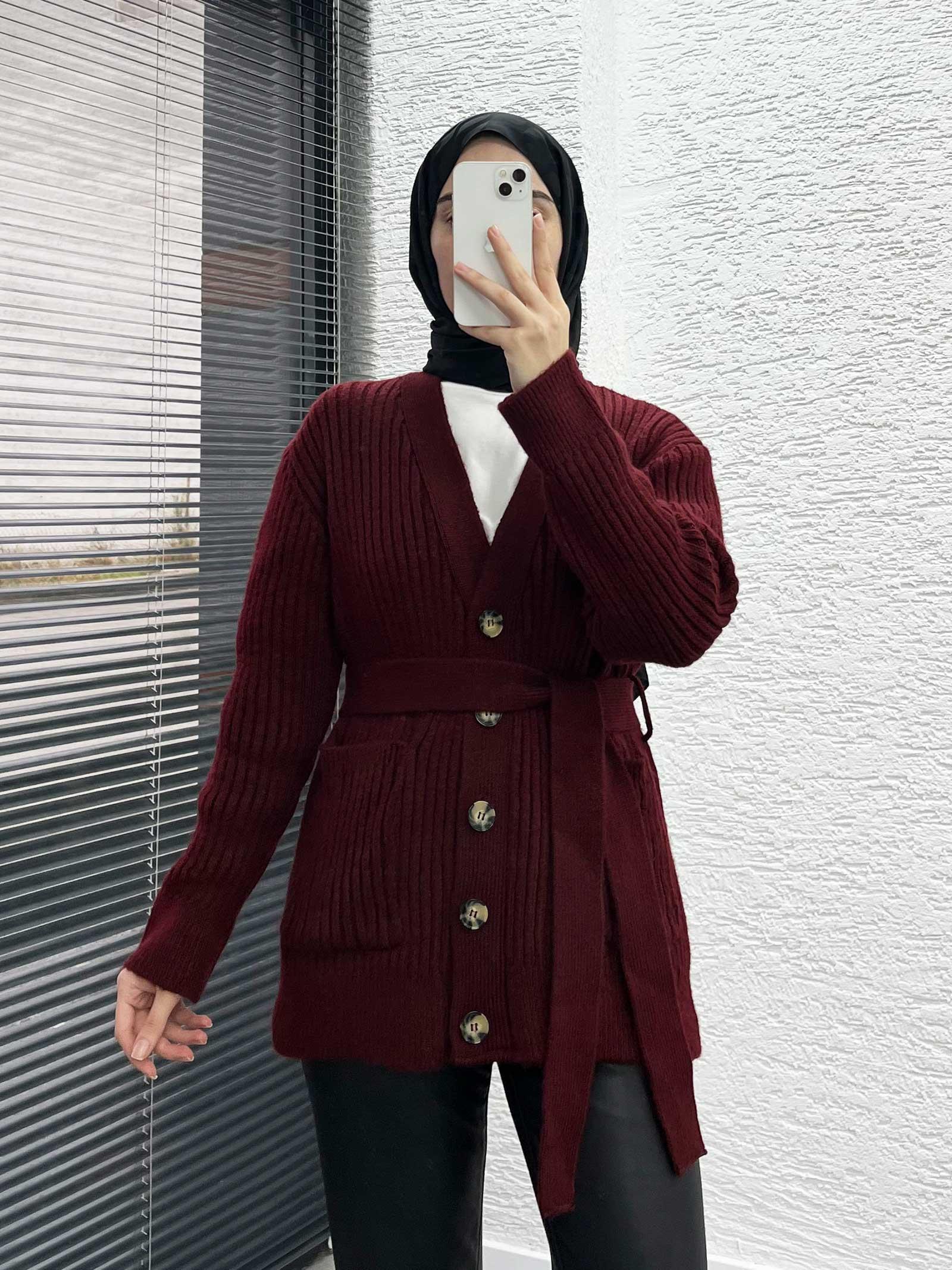  Bordo Kadın Cepli Kemerli Düğmeli Triko Hırka