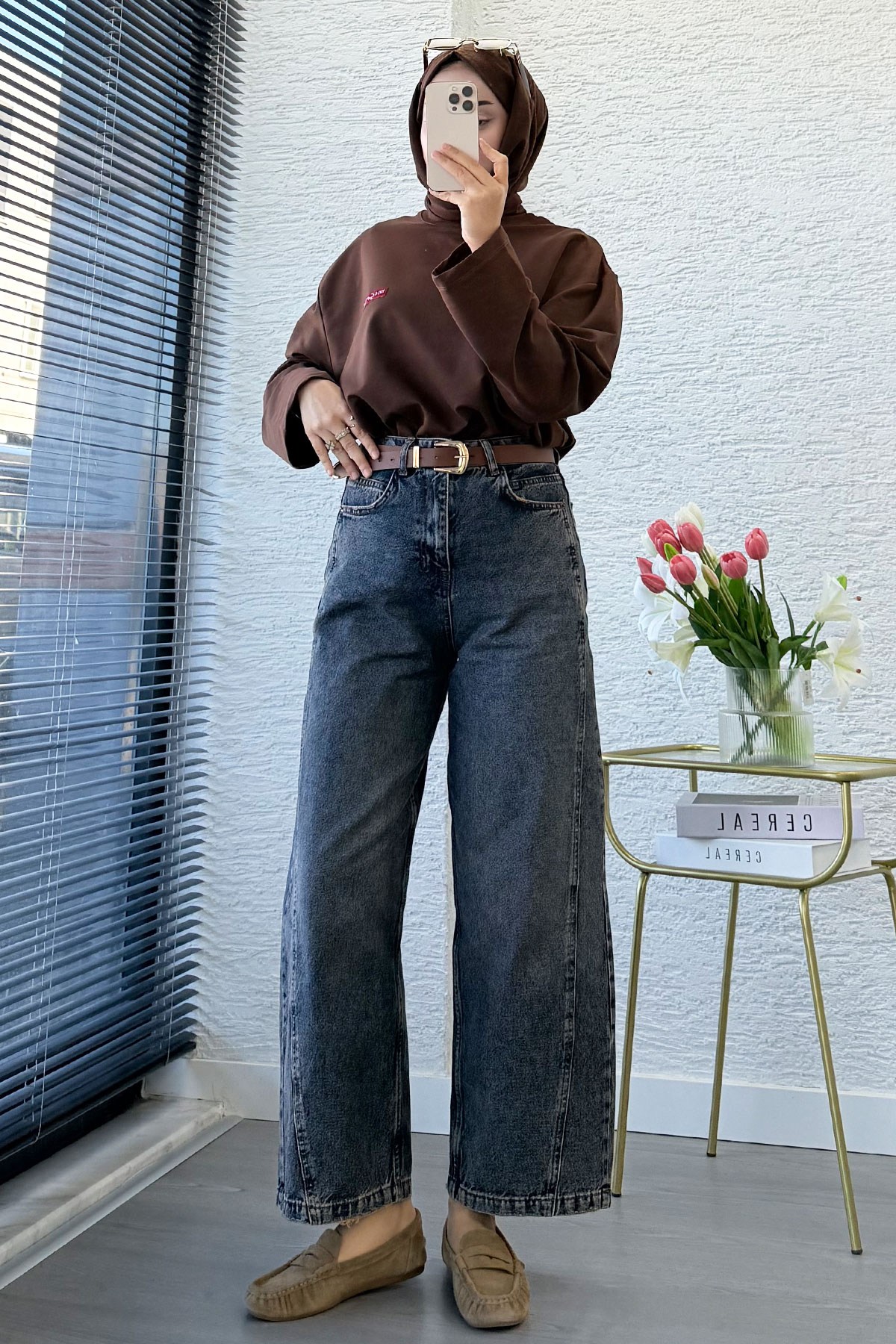  Premıum Barrel Kesim Kemersiz Jean Pantolon - Taşlanmış Kahve