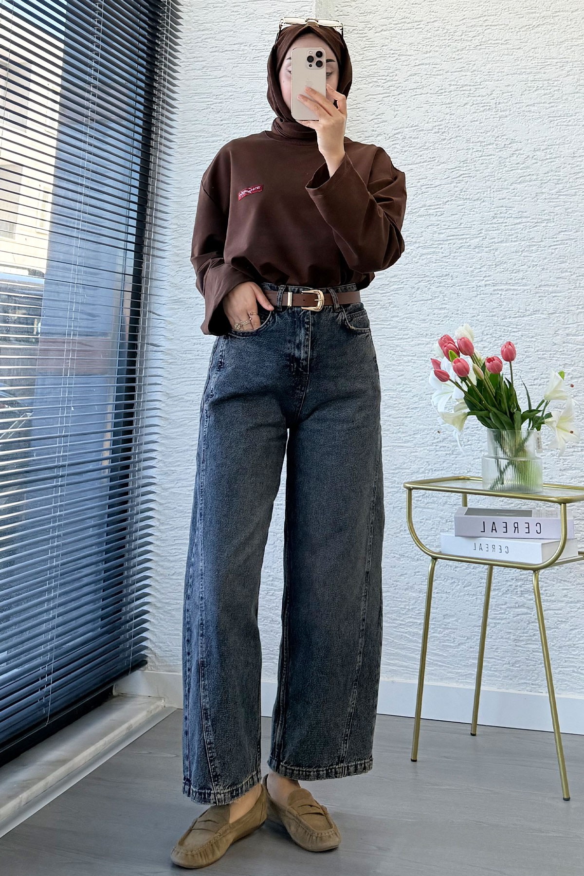  Premıum Barrel Kesim Kemersiz Jean Pantolon - Taşlanmış Kahve