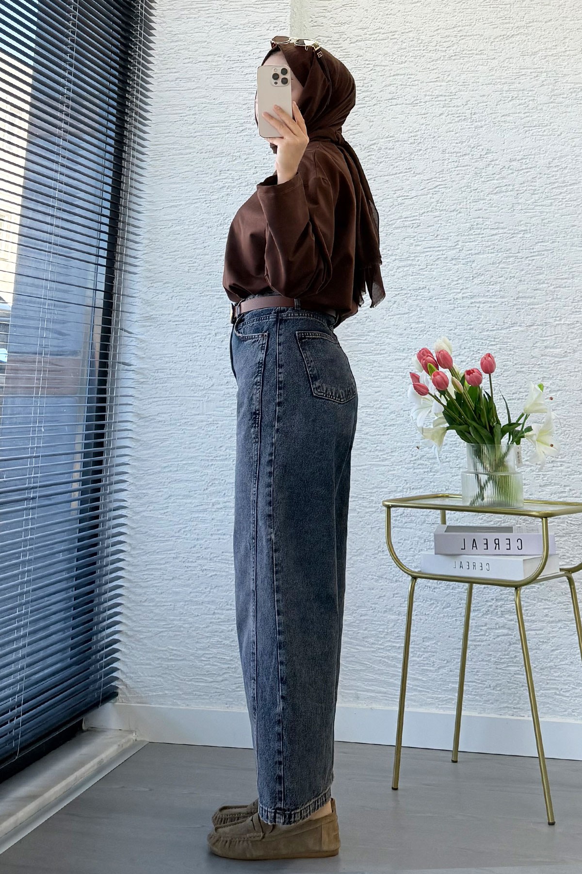  Premıum Barrel Kesim Kemersiz Jean Pantolon - Taşlanmış Kahve