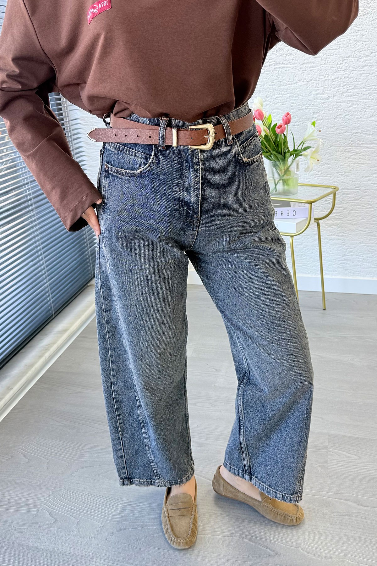  Premıum Barrel Kesim Kemersiz Jean Pantolon - Taşlanmış Kahve