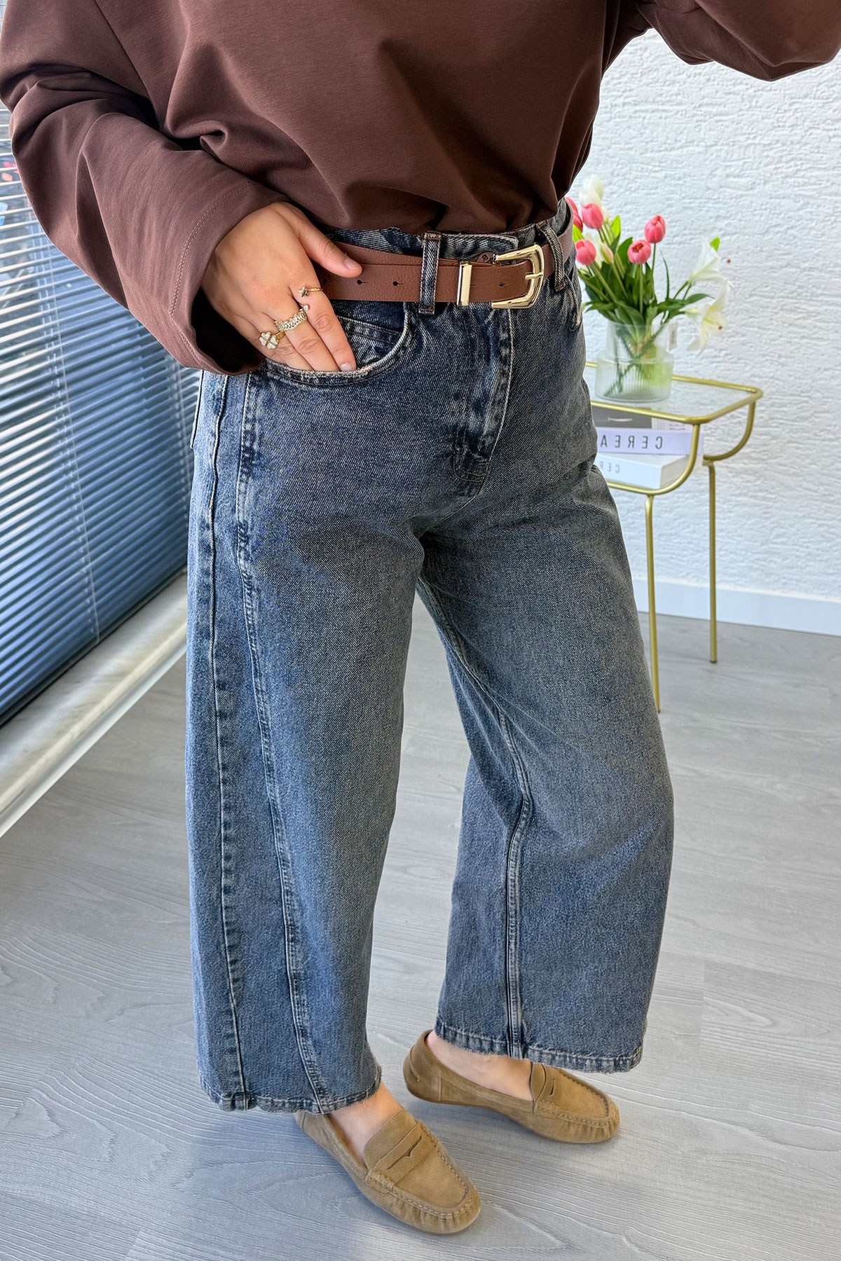  Premıum Barrel Kesim Kemersiz Jean Pantolon - Taşlanmış Kahve