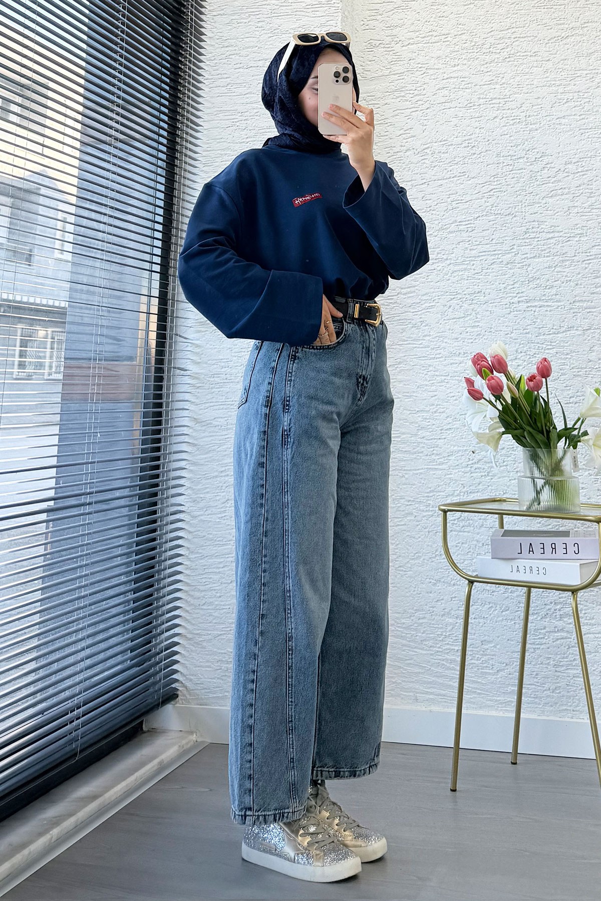  Premıum Barrel Kesim Kemersiz Jean Pantolon - Mavi