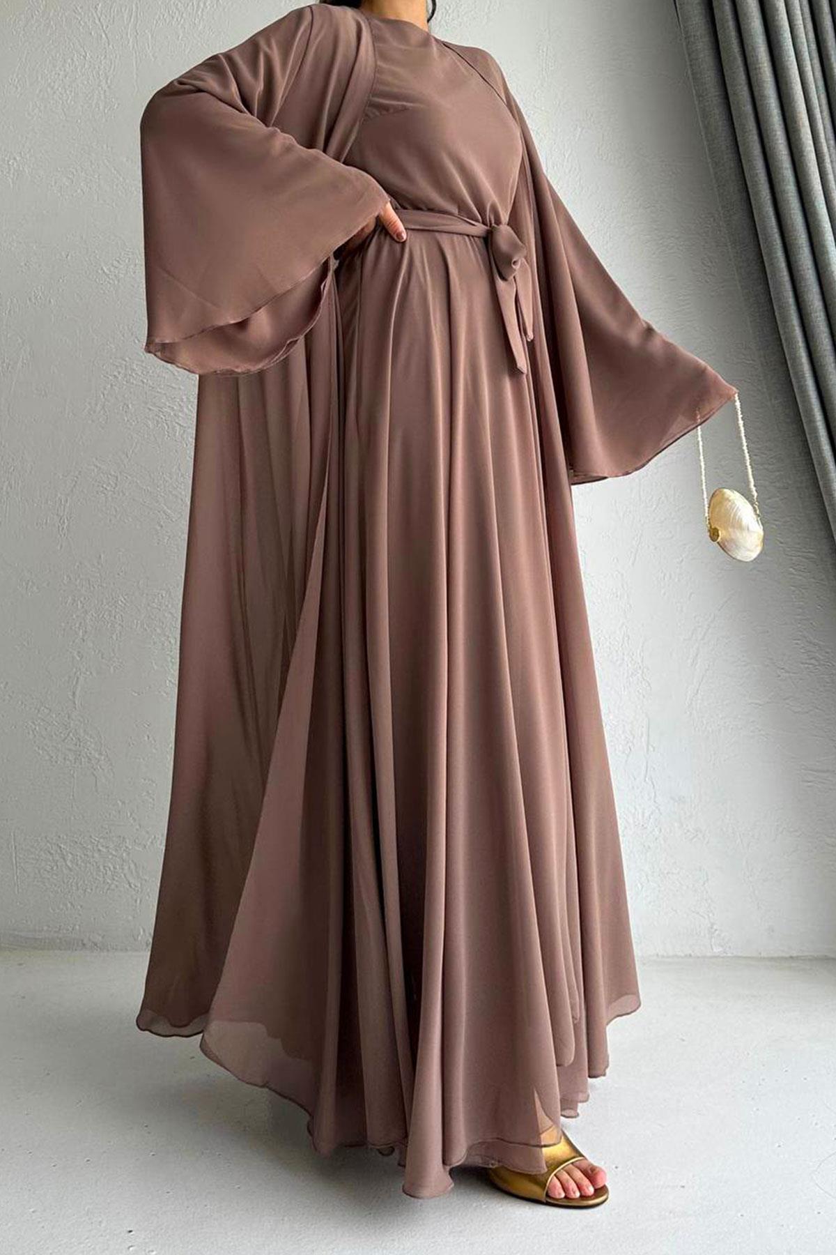 Açık Kahve Bella Şifon Abaya Takım 