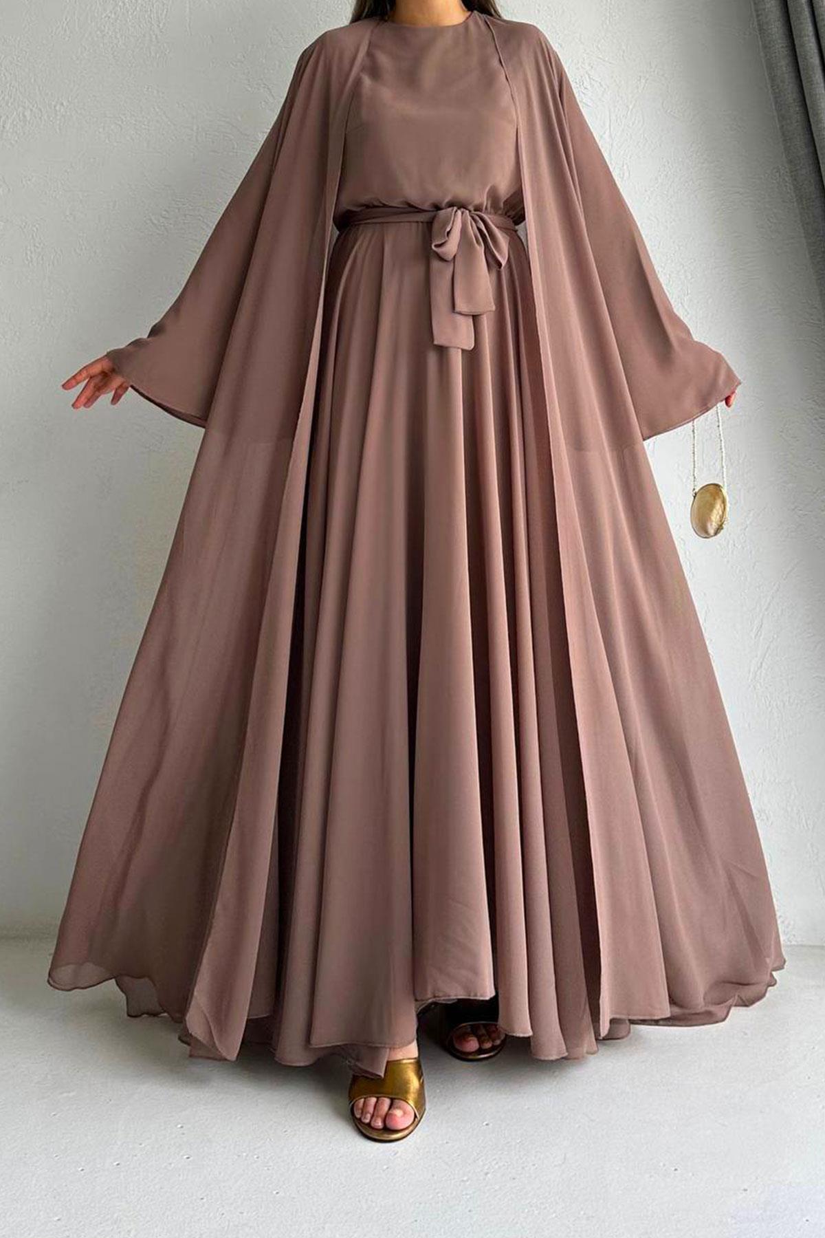 Açık Kahve Bella Şifon Abaya Takım 