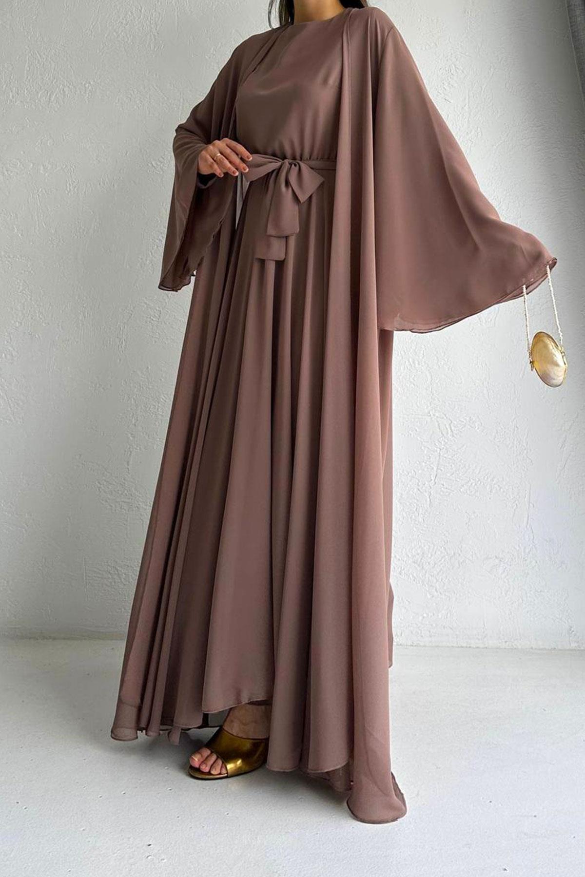 Açık Kahve Bella Şifon Abaya Takım 