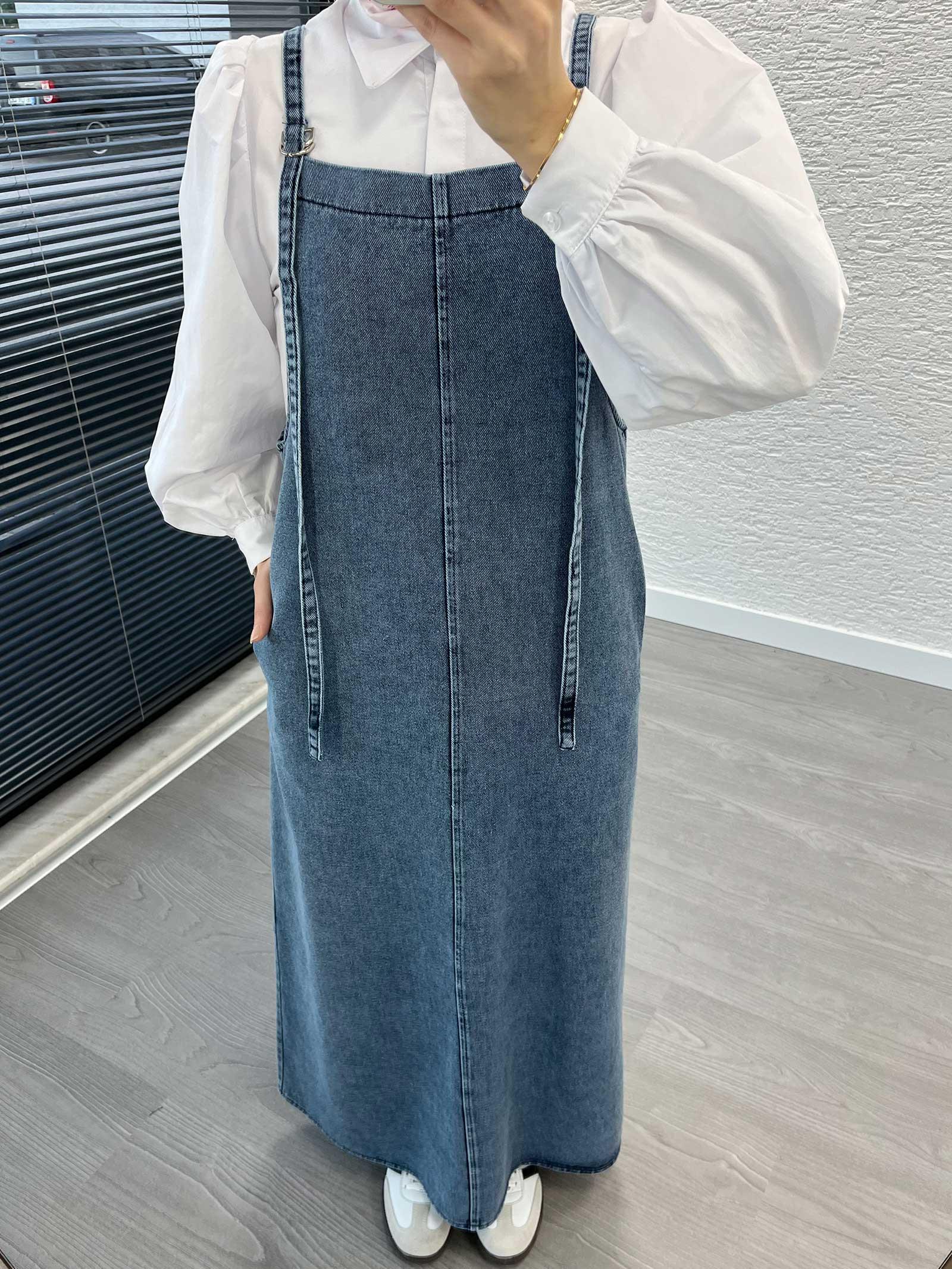 Açık Mavi Uzun Denim Kot Salopet Jile Elbise