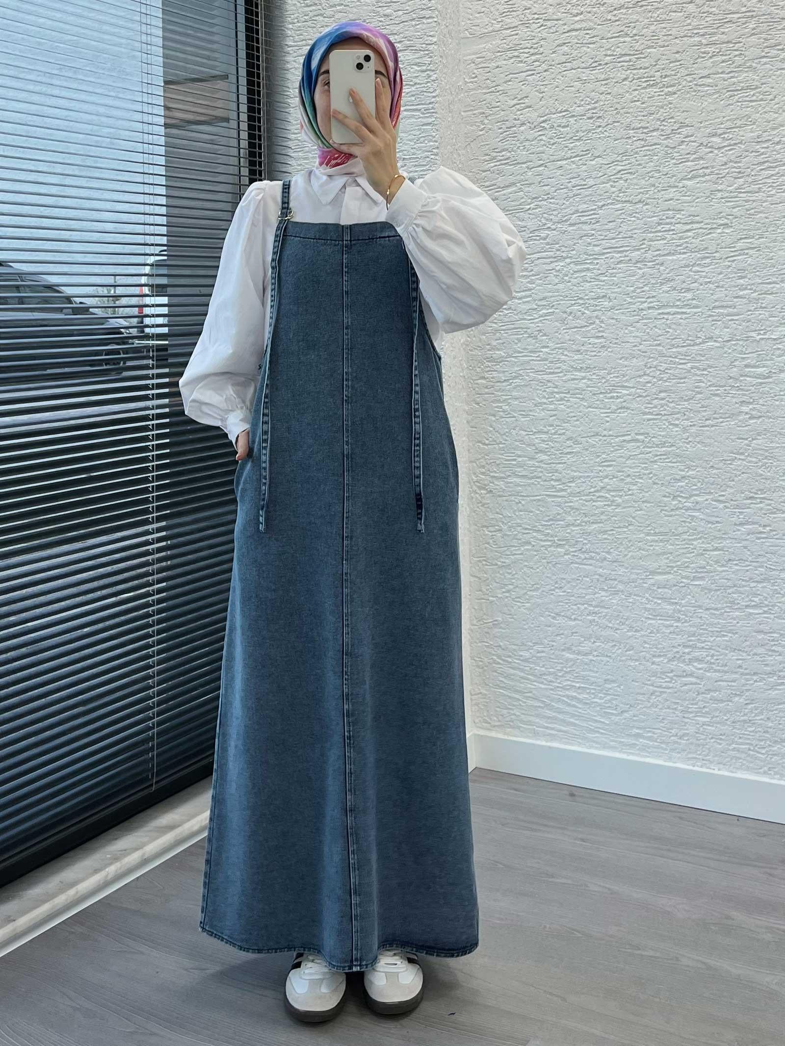 Açık Mavi Uzun Denim Kot Salopet Jile Elbise