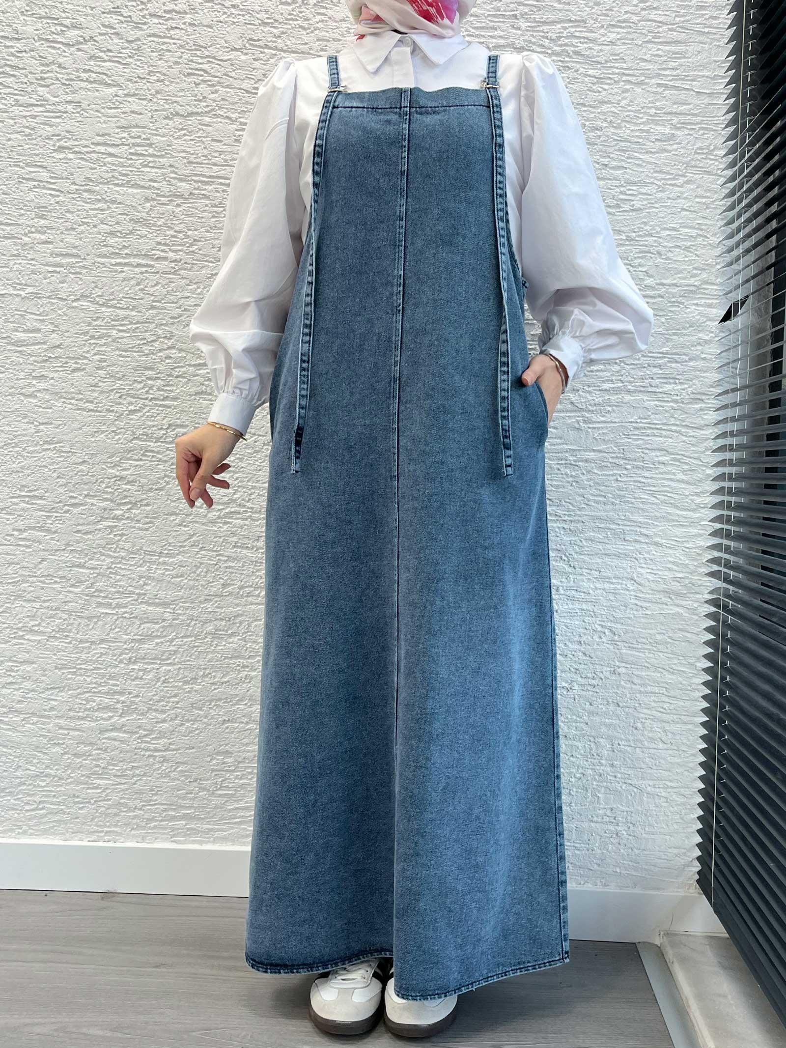 Açık Mavi Uzun Denim Kot Salopet Jile Elbise