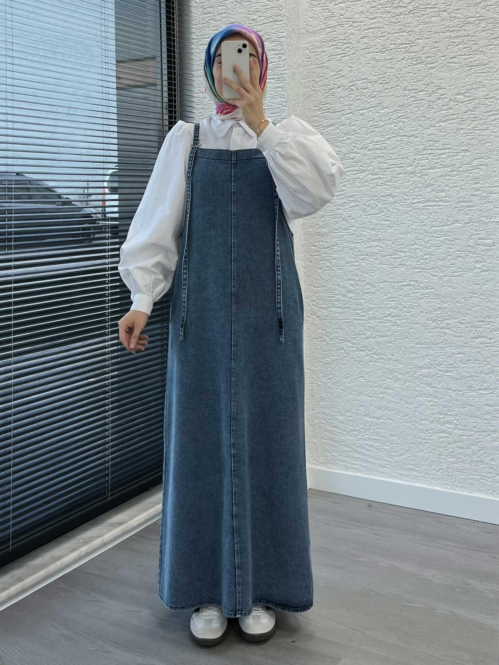 Açık Mavi Uzun Denim Kot Salopet Jile Elbise
