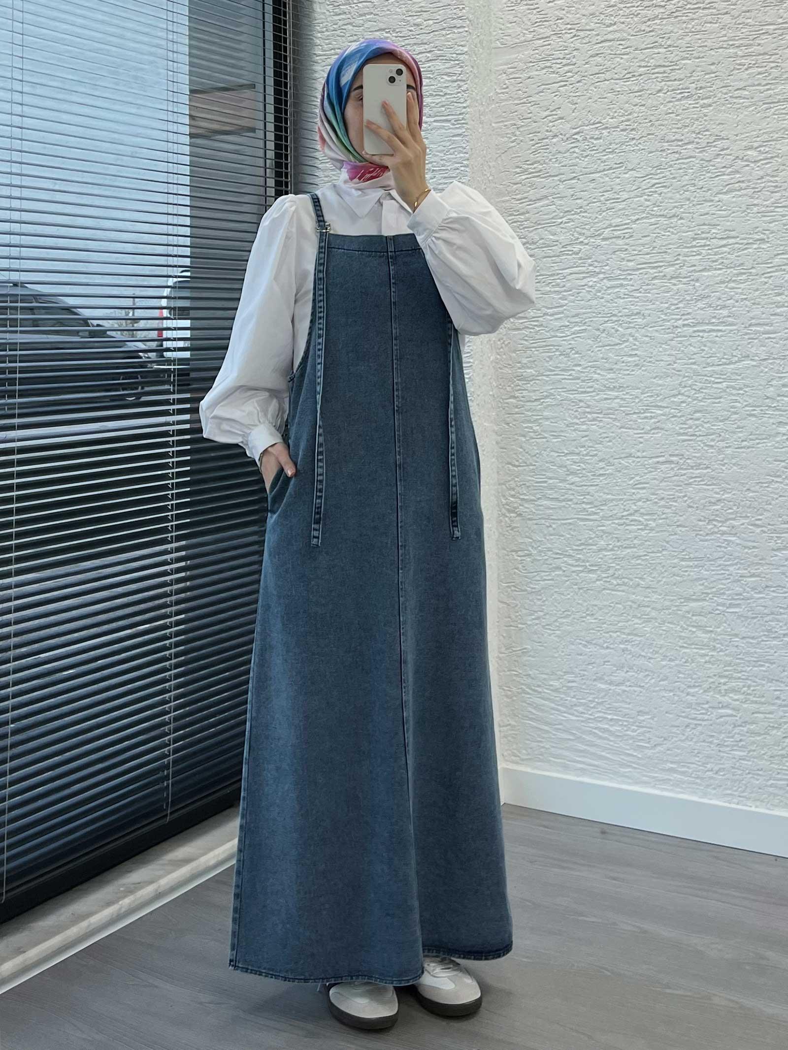 Açık Mavi Uzun Denim Kot Salopet Jile Elbise