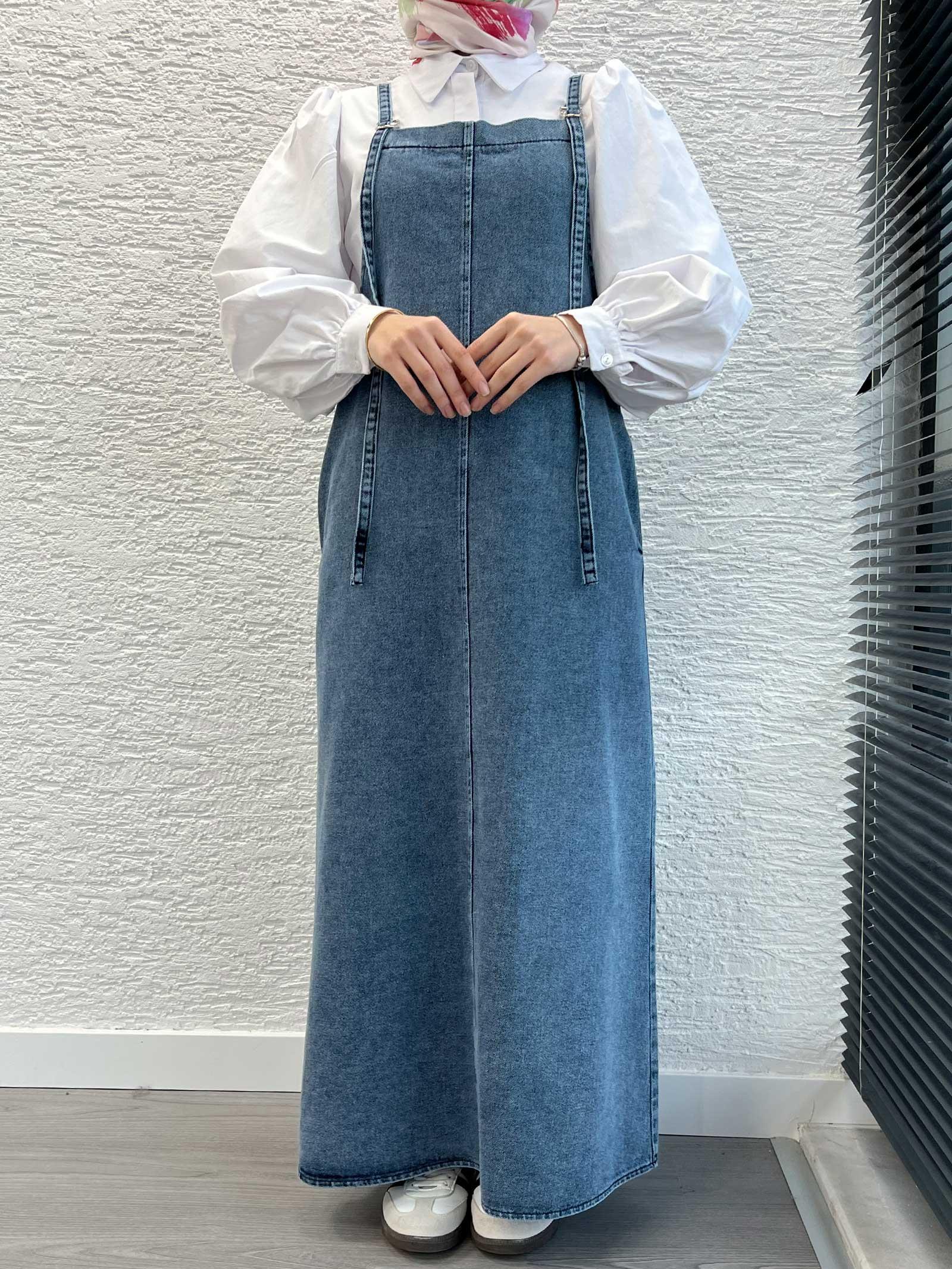 Açık Mavi Uzun Denim Kot Salopet Jile Elbise