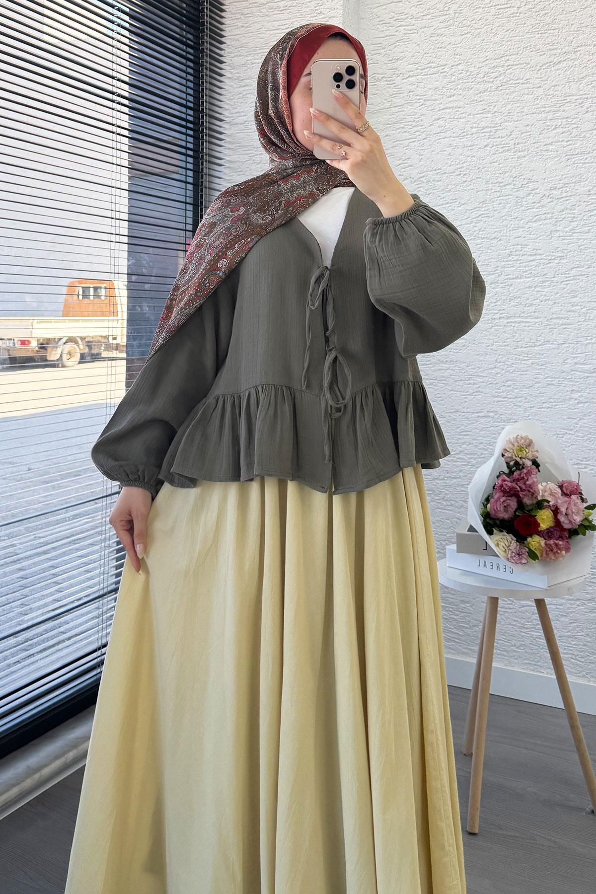 Altı Fırfır Detay Önden Bağlamalı Müslin Kimono -Haki