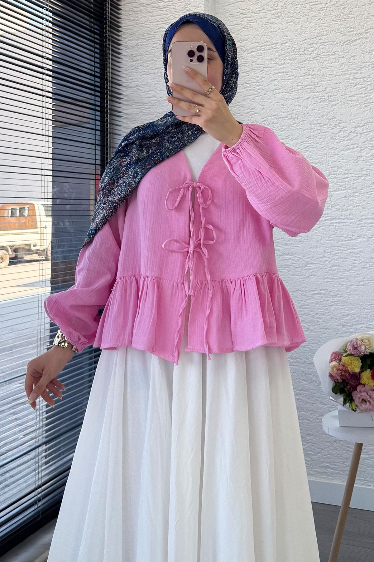 Altı Fırfır Detay Önden Bağlamalı Müslin Kimono -Pembe