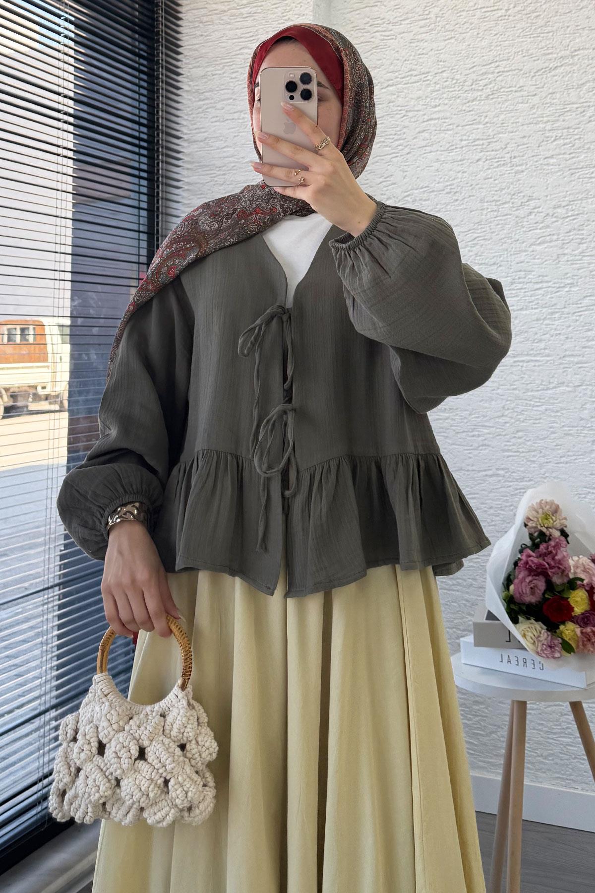 Altı Fırfır Detay Önden Bağlamalı Müslin Kimono -Haki