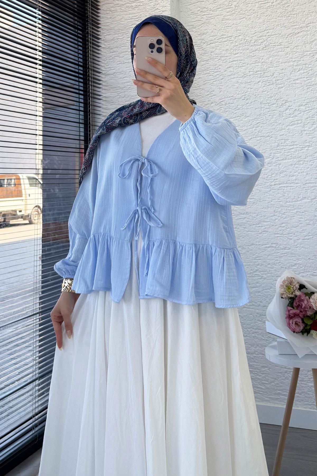 Altı Fırfır Detay Önden Bağlamalı Müslin Kimono -Mavi
