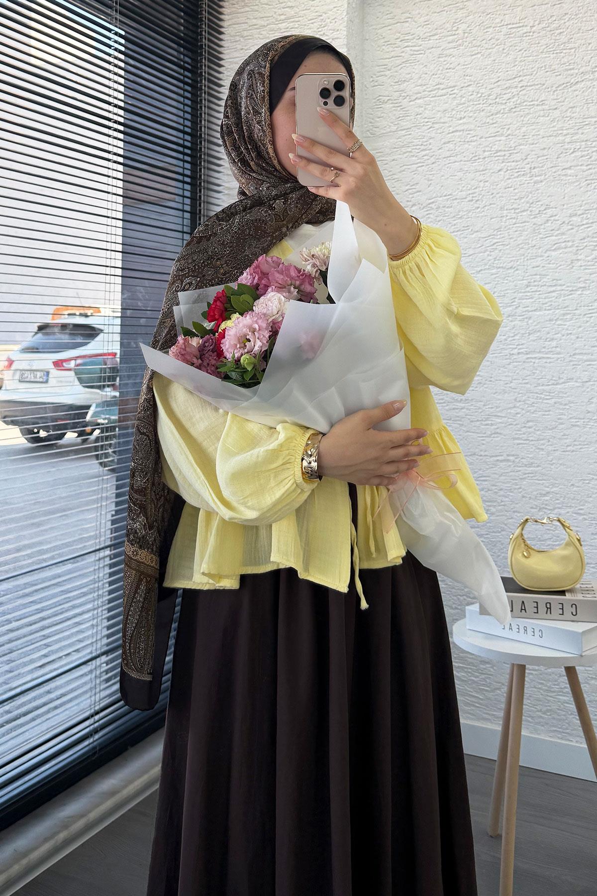 Altı Fırfır Detay Önden Bağlamalı Müslin Kimono -Sarı