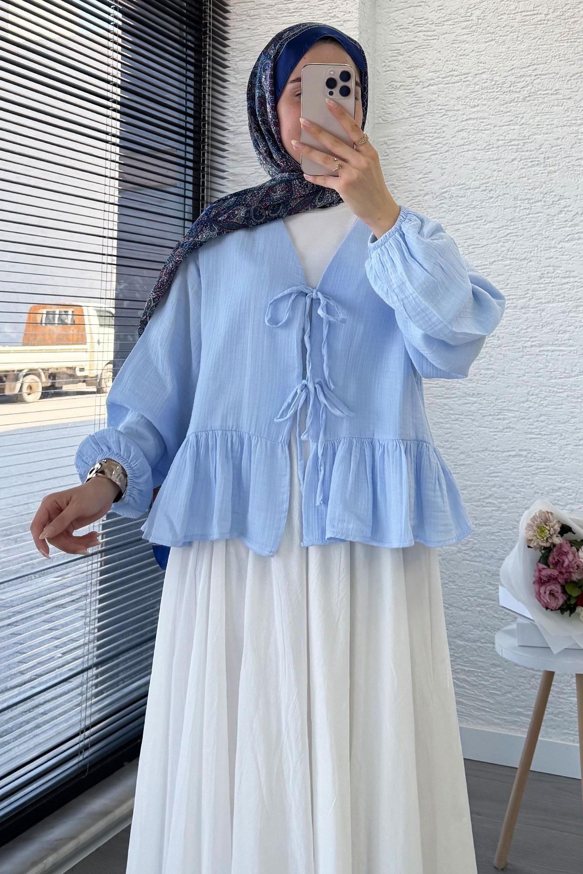 Altı Fırfır Detay Önden Bağlamalı Müslin Kimono -Mavi