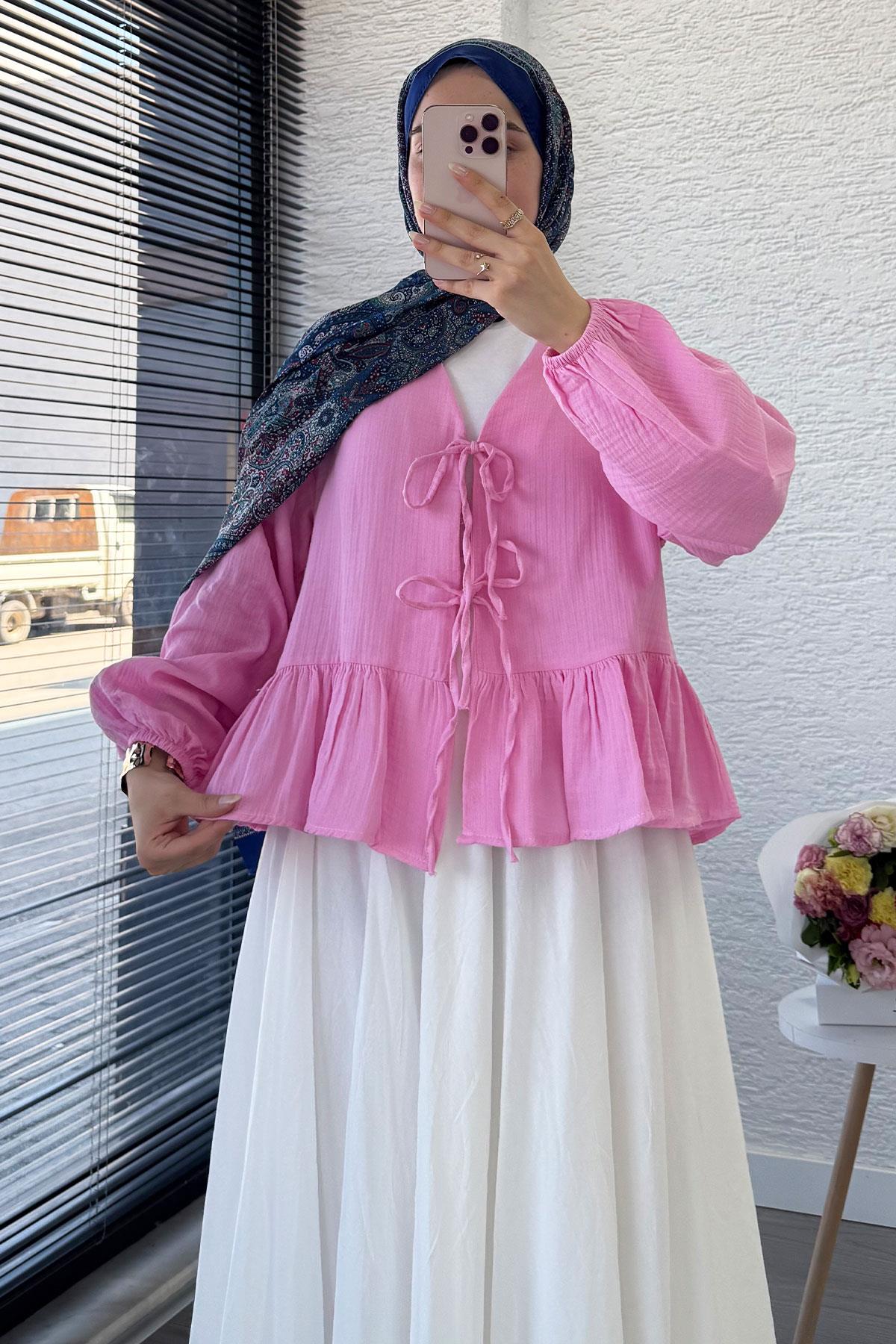 Altı Fırfır Detay Önden Bağlamalı Müslin Kimono -Pembe