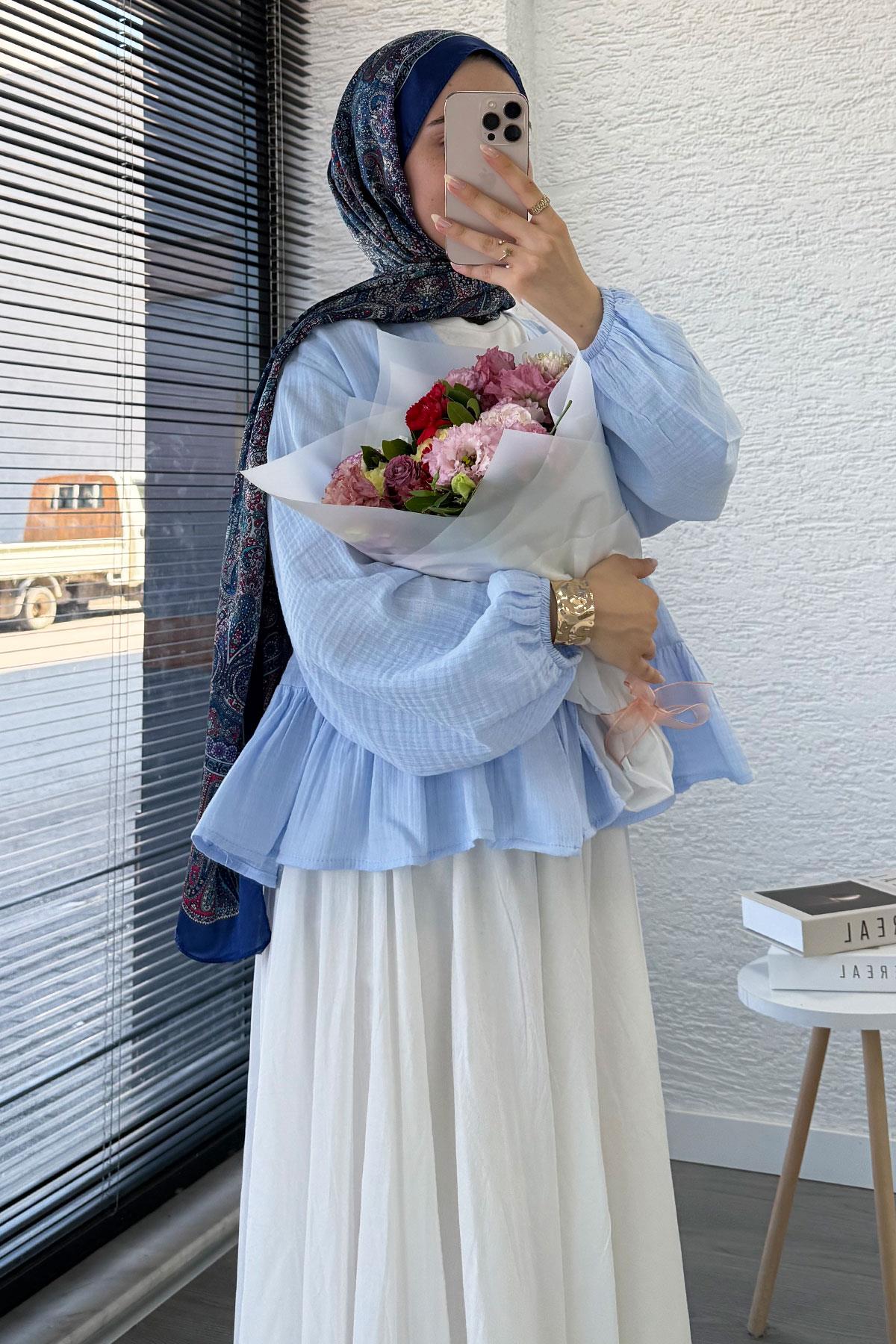 Altı Fırfır Detay Önden Bağlamalı Müslin Kimono -Mavi