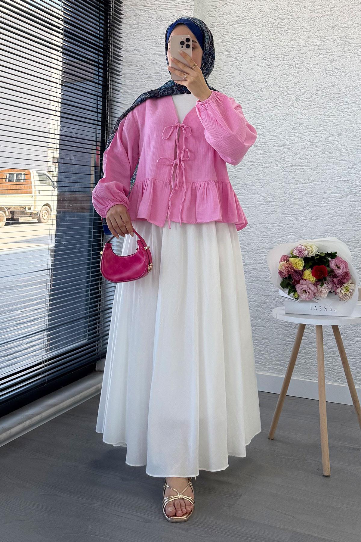 Altı Fırfır Detay Önden Bağlamalı Müslin Kimono -Pembe