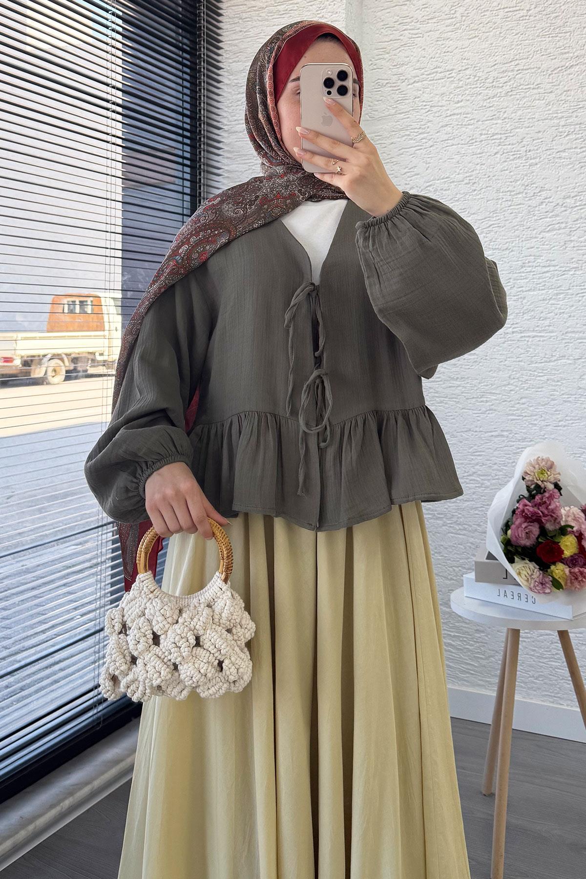 Altı Fırfır Detay Önden Bağlamalı Müslin Kimono -Haki