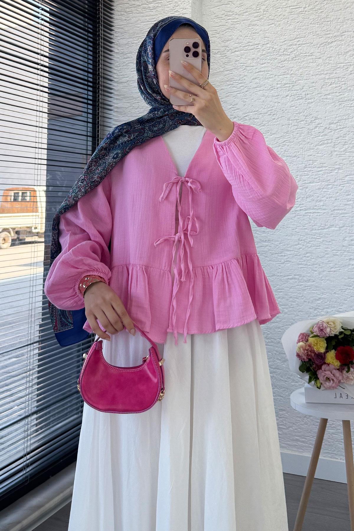 Altı Fırfır Detay Önden Bağlamalı Müslin Kimono -Pembe
