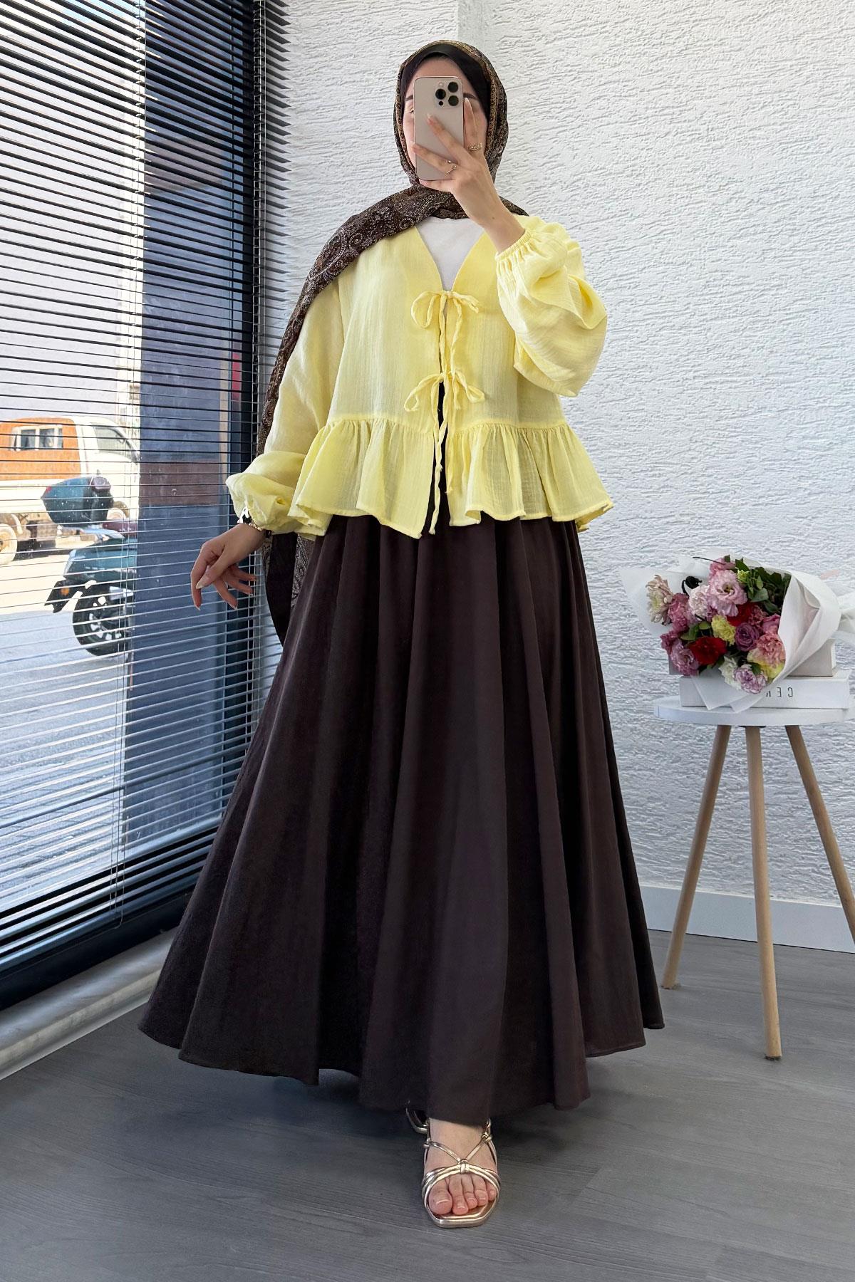 Altı Fırfır Detay Önden Bağlamalı Müslin Kimono -Sarı