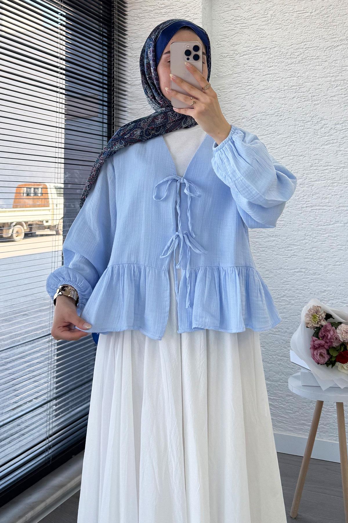 Altı Fırfır Detay Önden Bağlamalı Müslin Kimono -Mavi
