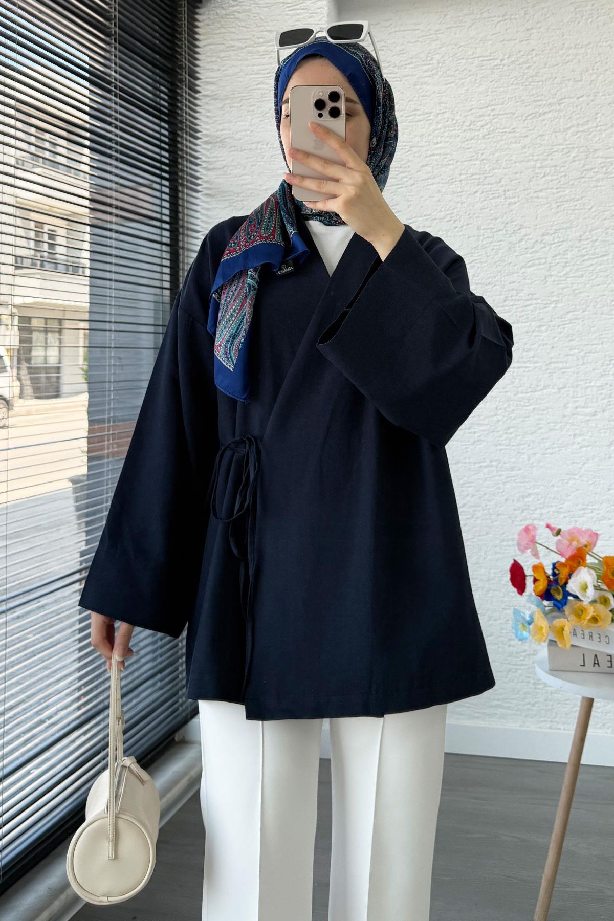 Anvelop Bağlamalı Kimono-Lacivert
