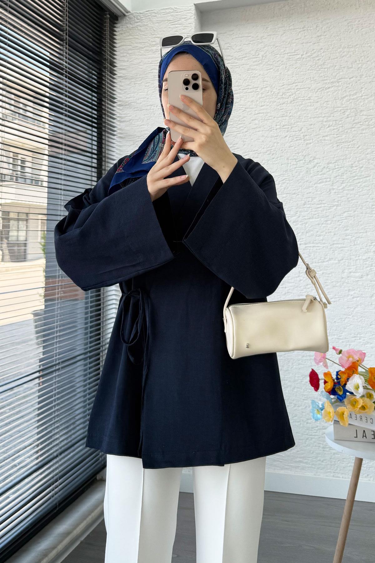 Anvelop Bağlamalı Kimono-Lacivert