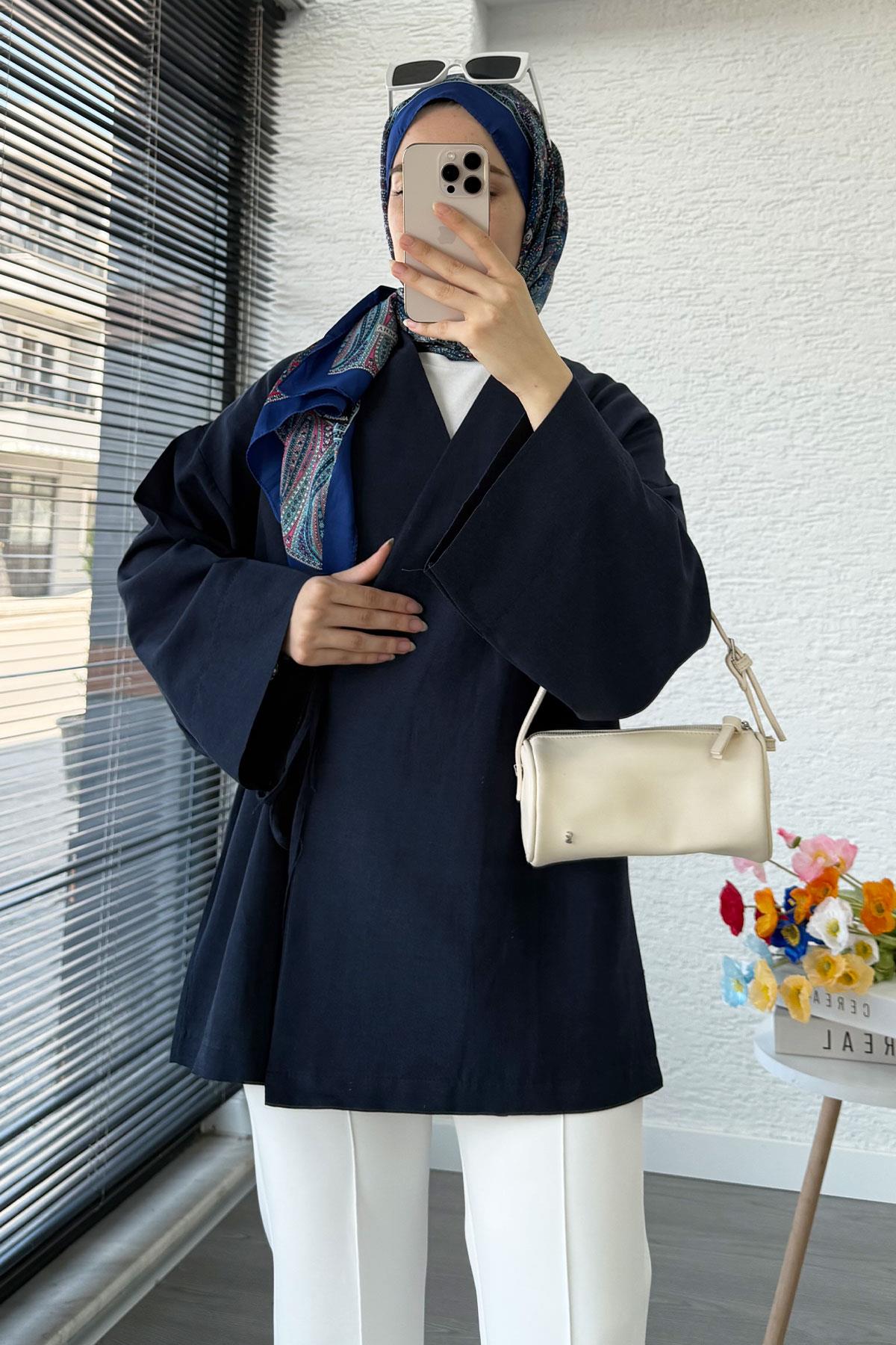 Anvelop Bağlamalı Kimono-Lacivert