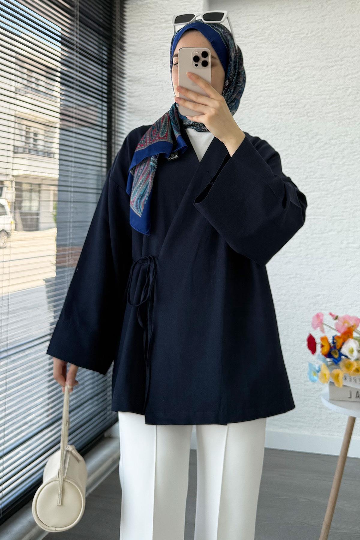 Anvelop Bağlamalı Kimono-Lacivert