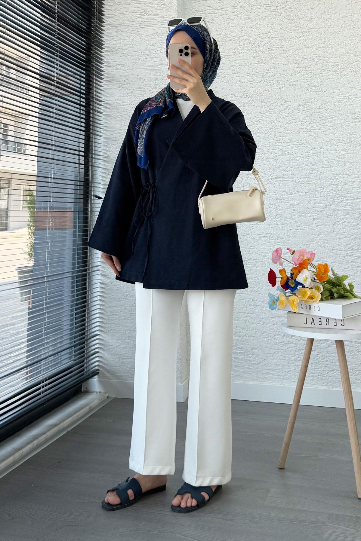 Anvelop Bağlamalı Kimono-Lacivert