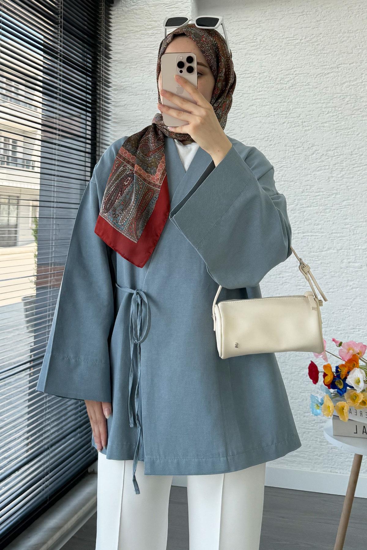 Anvelop Bağlamalı Kimono-Mavi