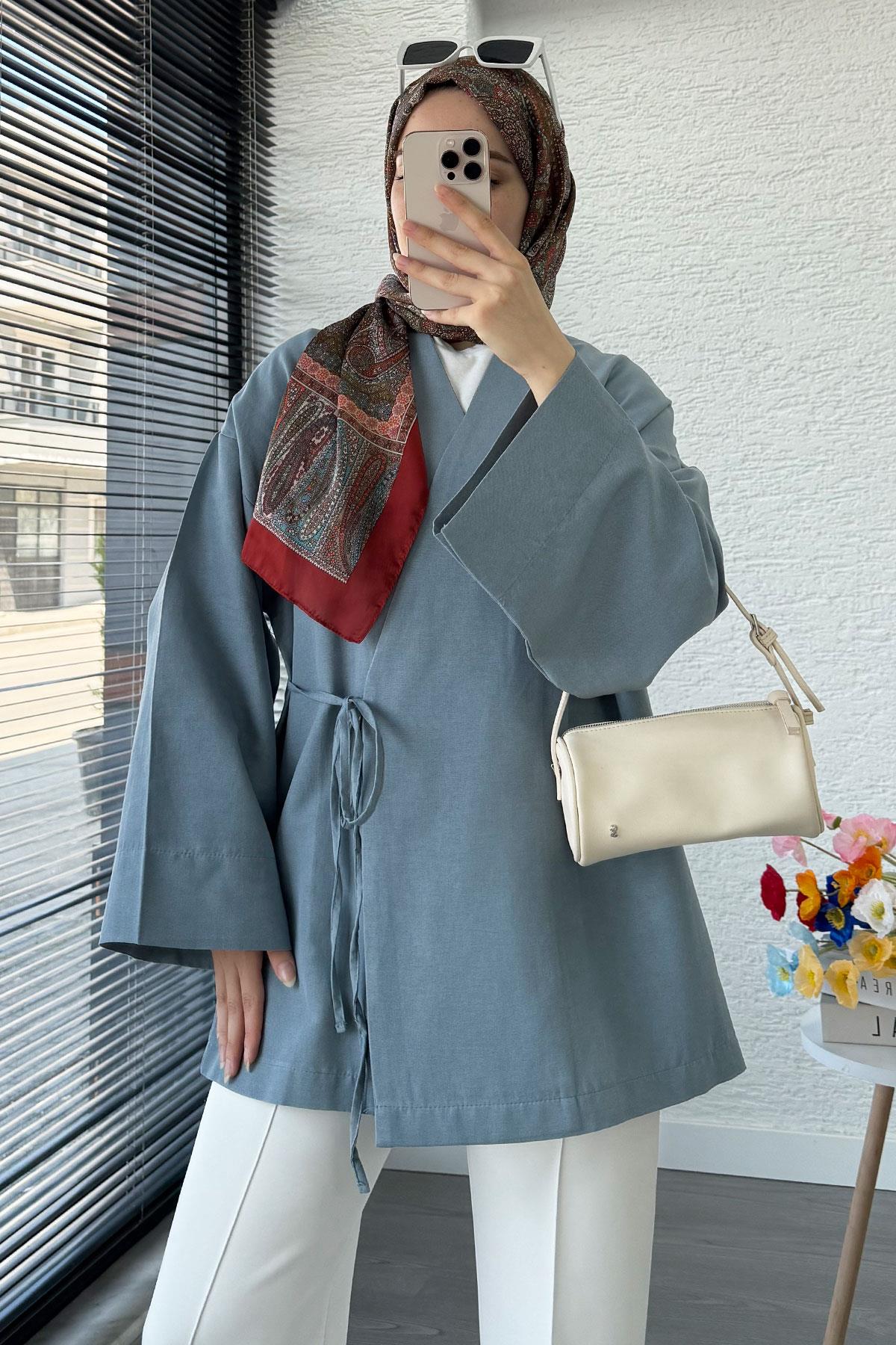 Anvelop Bağlamalı Kimono-Mavi