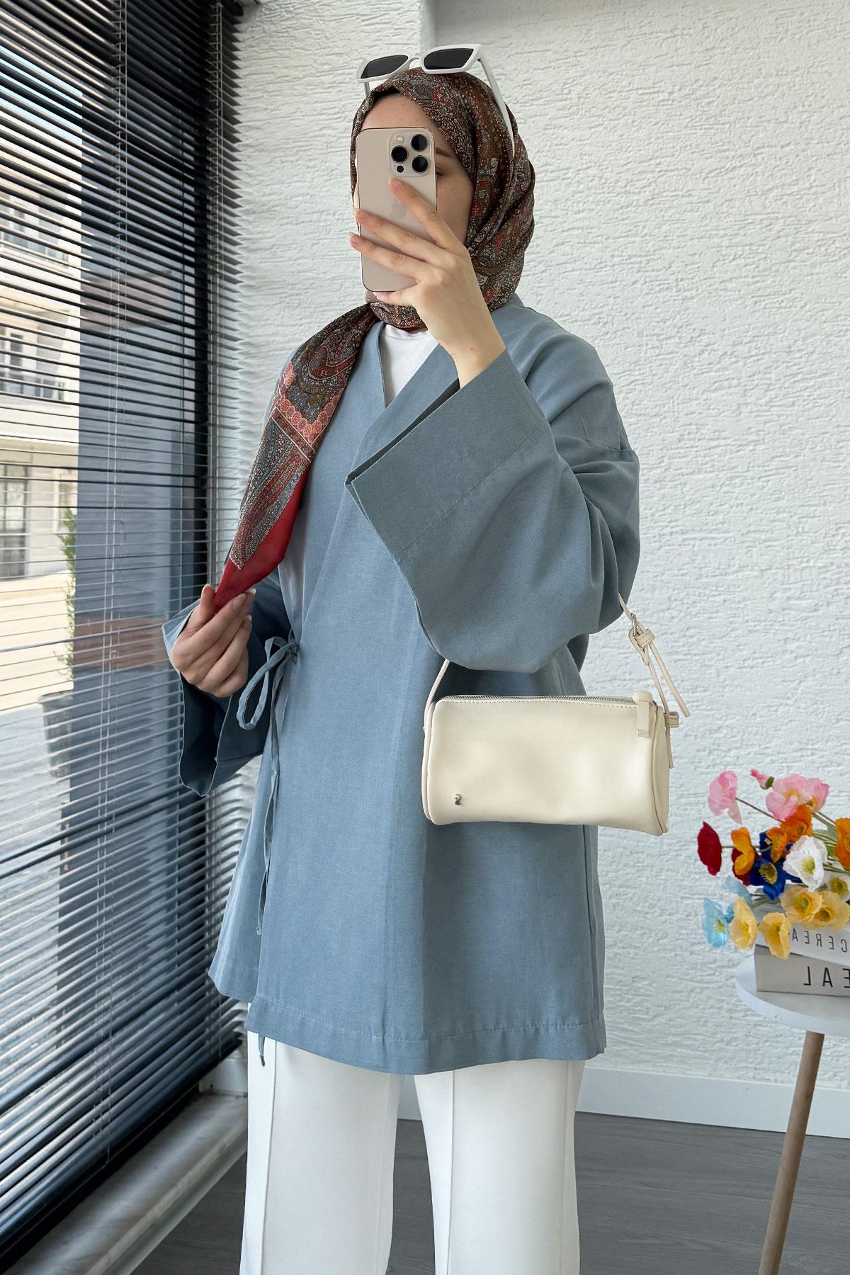 Anvelop Bağlamalı Kimono-Mavi